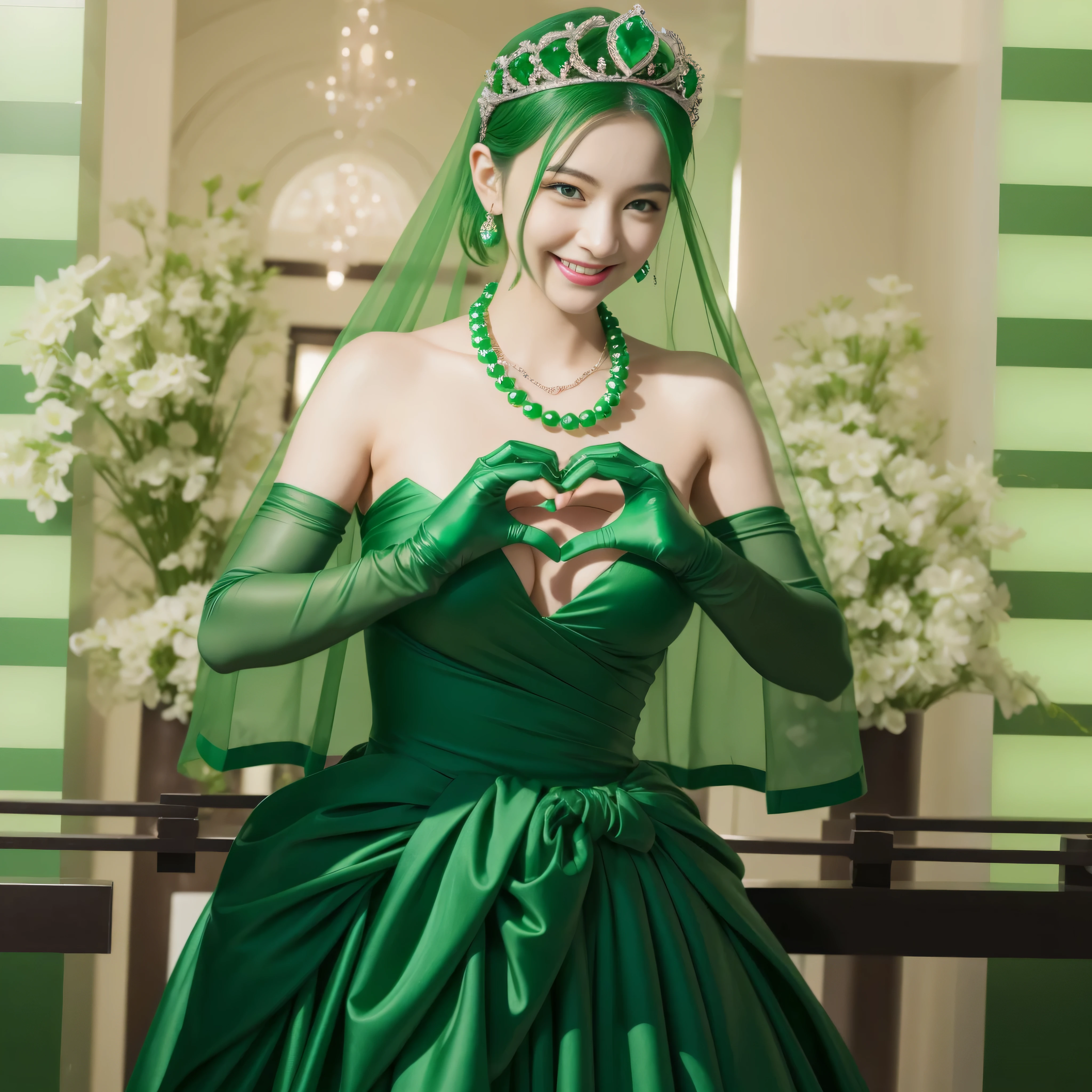 emerald tiara, Green Pearl Necklace, ボーイッシュな非常に短いgreen hair, green lips, smiling Japanese woman, very short hair, Beautiful woman with big breasts, green eyes, green satin long gloves, green eyes, emerald earrings, Green veil, Heart with both hands, green hair, beautiful japanese woman, heart shaped hands:1.3, green lip gloss