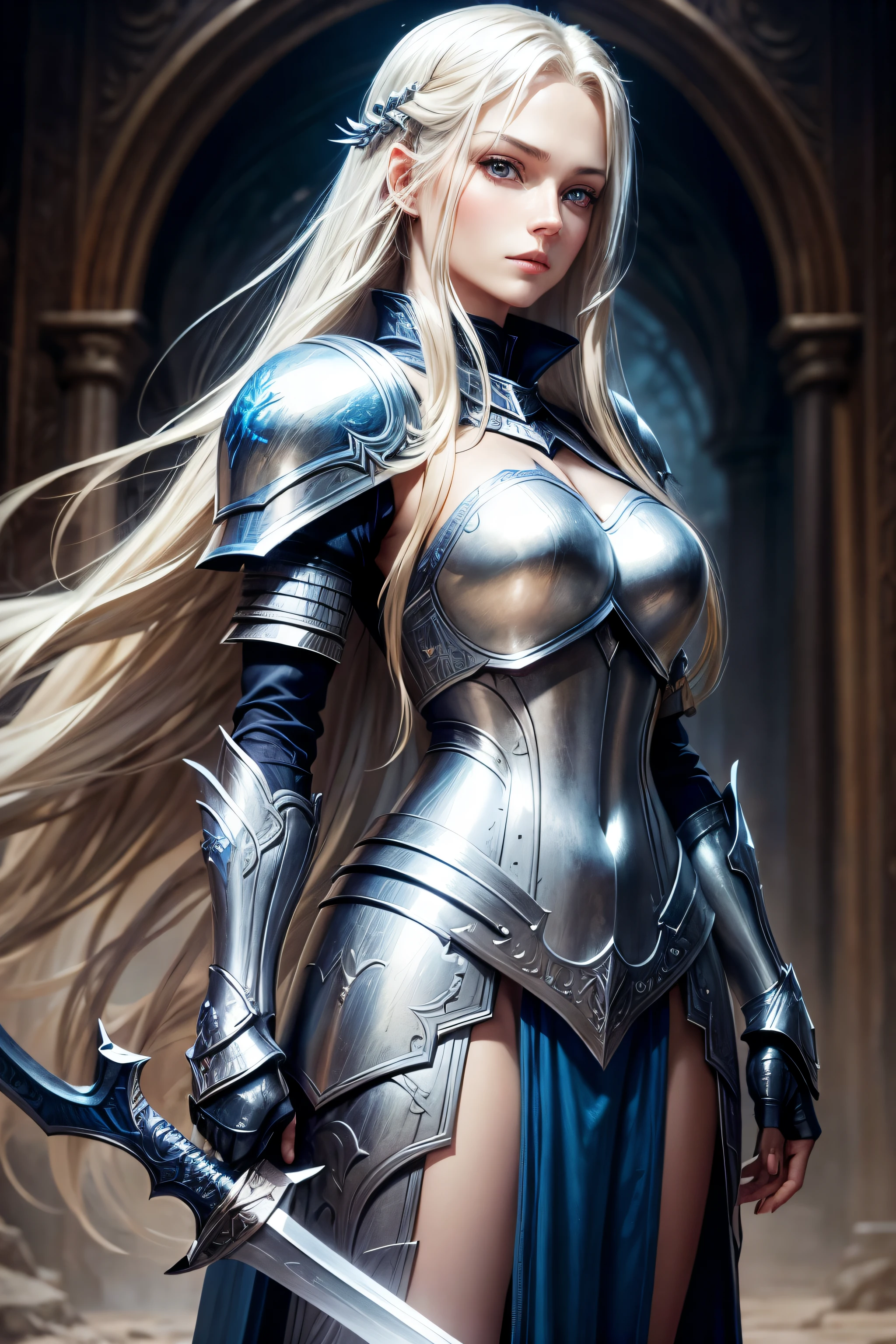beautiful woman with long straight blonde hair and blue eyes wearing silver armor and holding a long sword fantasy art style