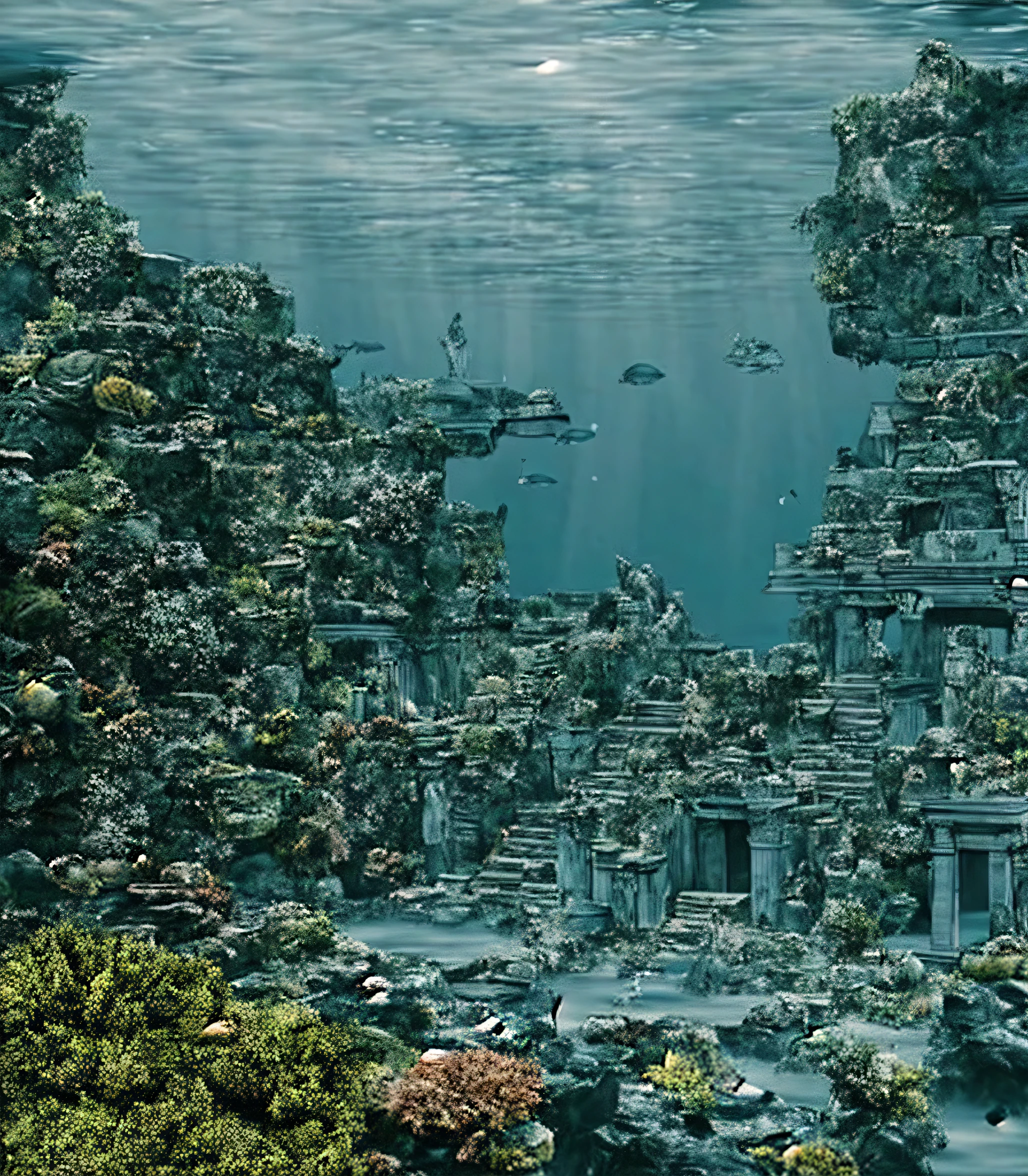 Underwater scene with lots of ruins and lots of fish, an an underwater city, an underwater city, submerged temple scene, the lost city of atlantis, lost city of atlantis, Undersea Temple, city of atlantis, the city of atlantis, 未来的なan underwater city, Undersea Temple, atlantis city, atlantis background, Undersea Temple with fish, Submerged Pleinka Temple