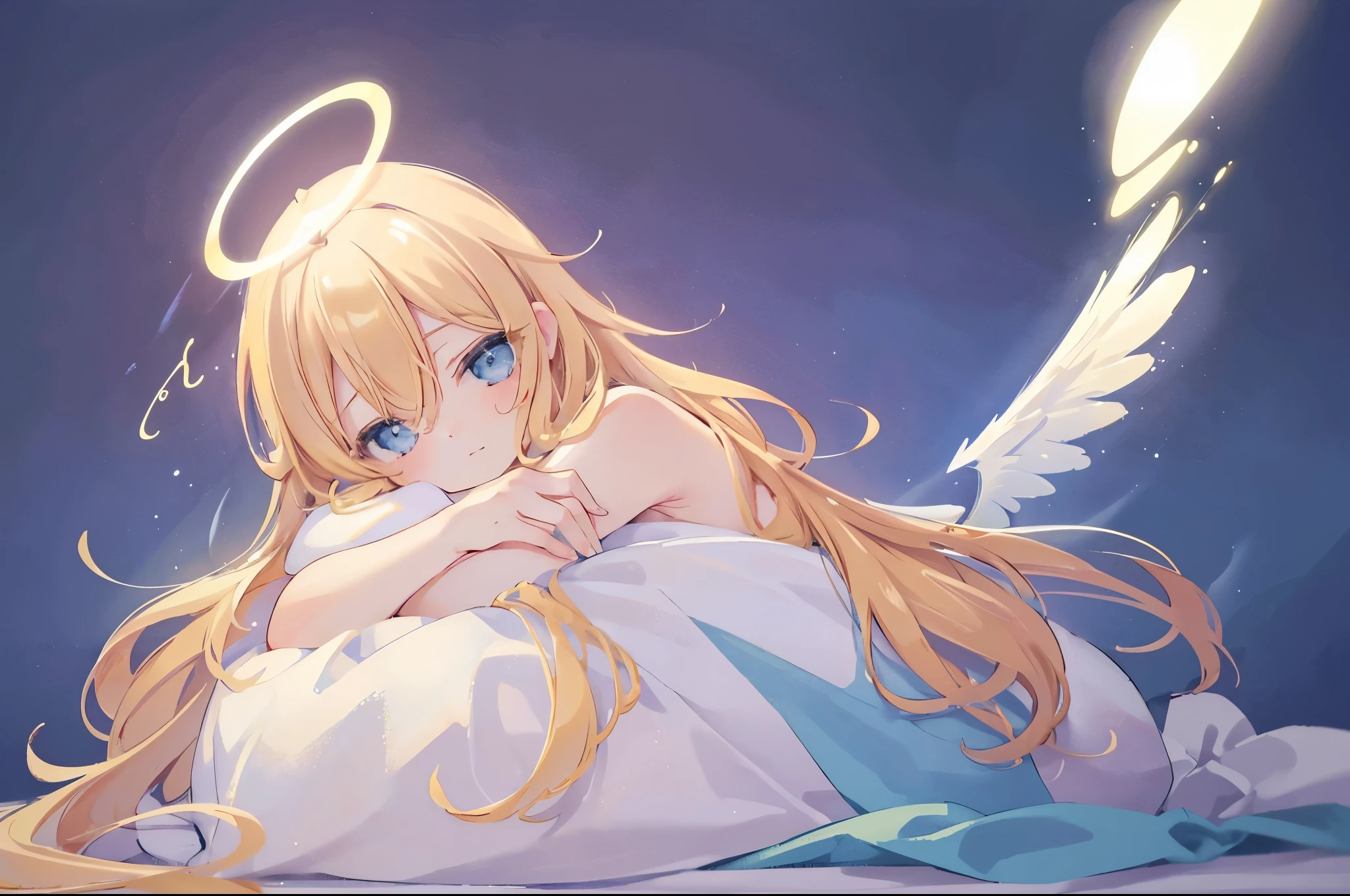 highest quality, masterpiece, ultra high resolution, pretty face, flat design, Yellow theme,
1 girl, colorful blonde hair, colorful blue eyes, (sleepy eyes:1.1), (cute黄色のナイトドレス), cute, put one hand on your face, Bedtime, messy long hair,pastel colour、kind eyes、young face、
( simple dark background), , glow in the dark, cure, ((halo:1.2))、Shining white wings grow from its back、(low position、from below:1.3)、(hand on own chin)、I'm embarrassed