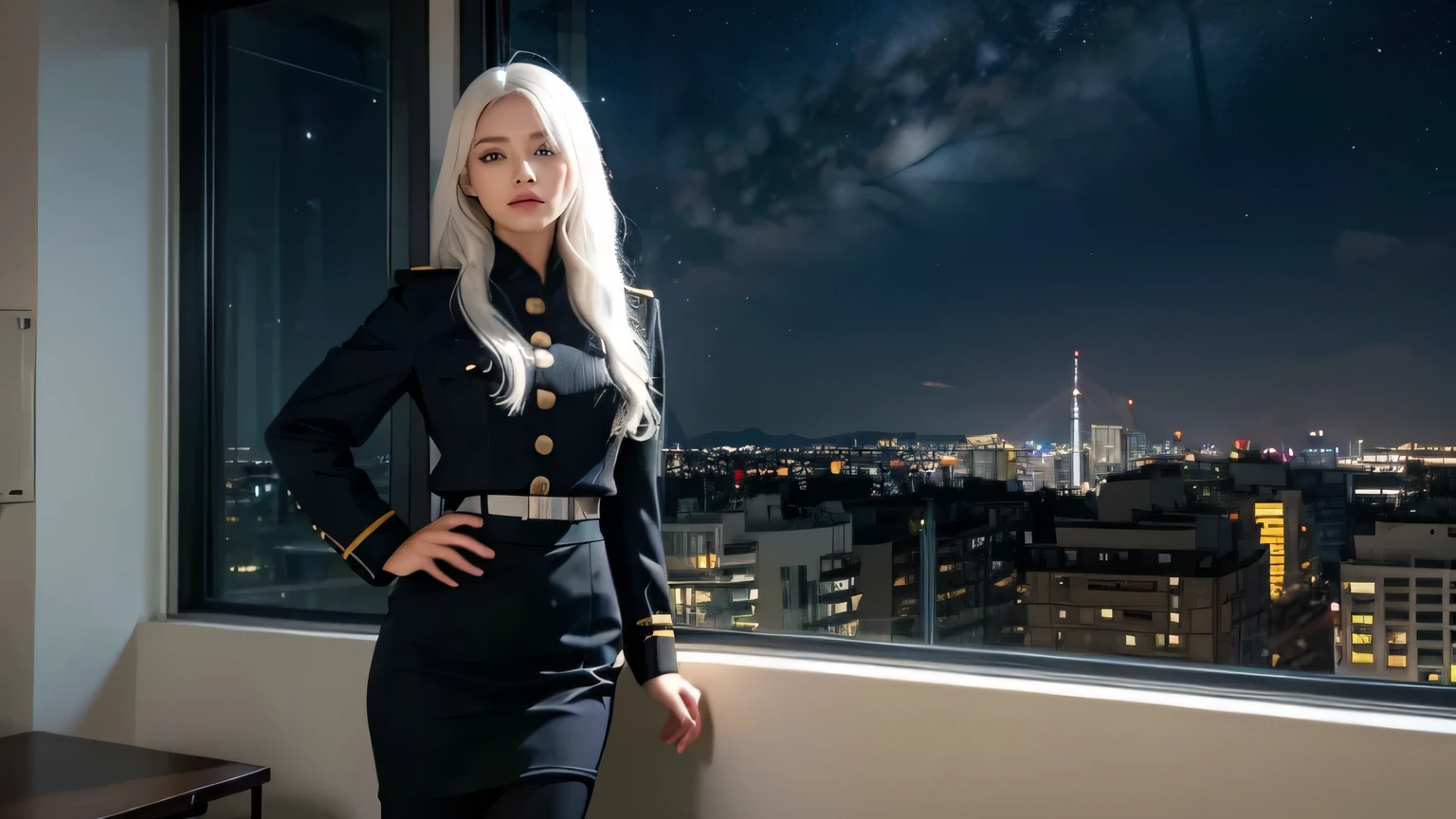 The girl in the office behind her has a window., at night, Highly detailed, military uniform, cosplay, black clothes color, hairขาว, hairยาวหยักศก, hairไหลช้า, soft light, at night, standing looking at the viewer, Friendly faces, marshal role cosplay, European-Asian nationality, lens flare, starry night, colorขาว_hair_color++++, pencil skirt