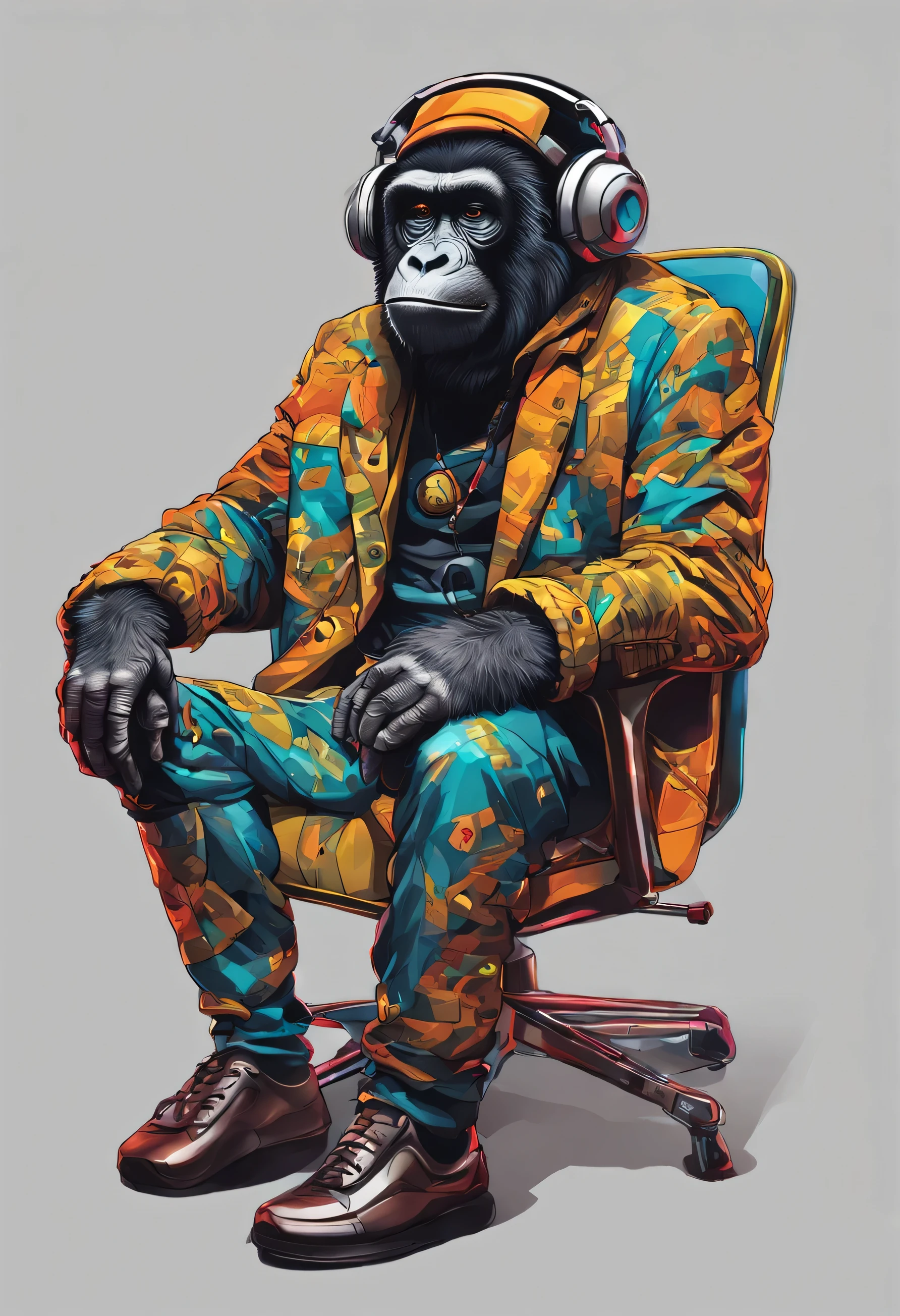 A futuristic gorilla sitting in an armchair, with headphones, colorful clothes, music note necklace on his chest, ultra realistic image, cinema photo, with lights in eyes, surrounded by vibraprint ready vector t-shirt design, cyberpunk monkey illustration, side view, sticker, clean white background, professional vector, high detail, t-shirt design, graffiti, vibrant nt futuristic cityscape.A futuristic monkey figure, with lights in eyes, surrounded by vibraprint ready vector t-shirt design, cyberpunk monkey illustration, side view, sticker, clean white background, professional vector, high detail, t-shirt design, graffiti, vibrant nt futuristic cityscape.