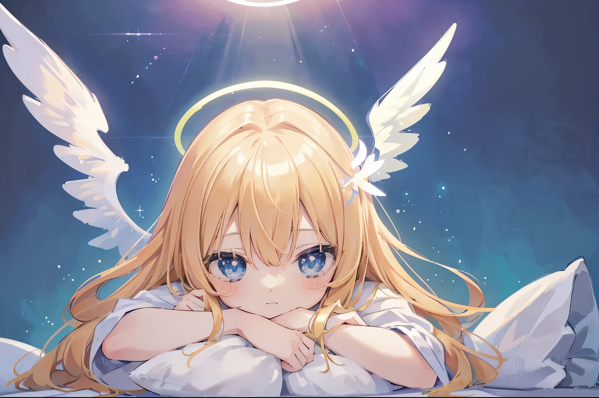 highest quality, masterpiece, ultra high resolution, pretty face, flat design, Yellow theme, 
1 girl, colorful blonde hair, colorful blue eyes, (sleepy eyes:1.1), (cute黄色のナイトドレス), cute, put one hand on your face, Bedtime, messy long hair,pastel colour、kind eyes、young face、
( simple dark background), , glow in the dark, cure, ((halo:1.2))、Shining white wings grow from its back、(low position、from below:1.3)、(hand on own chin)、I&#39;m embarrassed