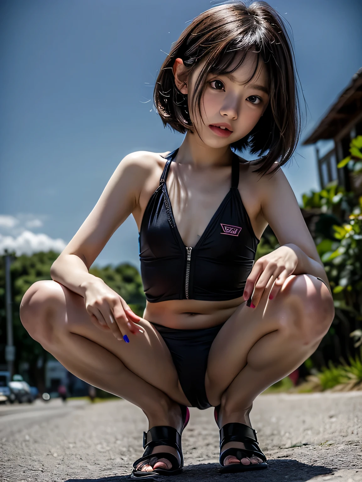 Elementary school student wearing a small swimsuit, masterpiece, highest quality, black hair、bob cut with trimmed ends、flat chest、thin crotch、con、belly button、red cloak、pointed nipples、(((squat)))、Summer beaches in the southern country