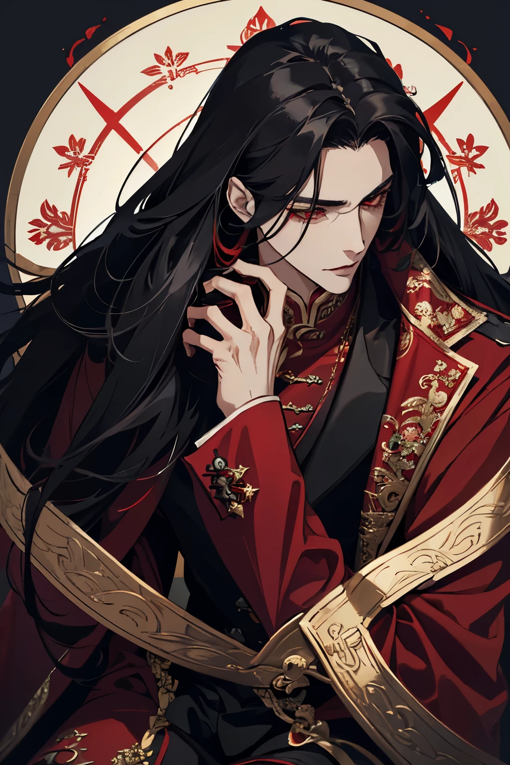 close up of a person in a red coat and black hair, alucard, full body xianxia, beautiful male god of death, vampire fashion, detailed anime character art, male vampire of clan banu haqim, full body black and red longcoat, l vampire, with his long black hair, androgynous vampire