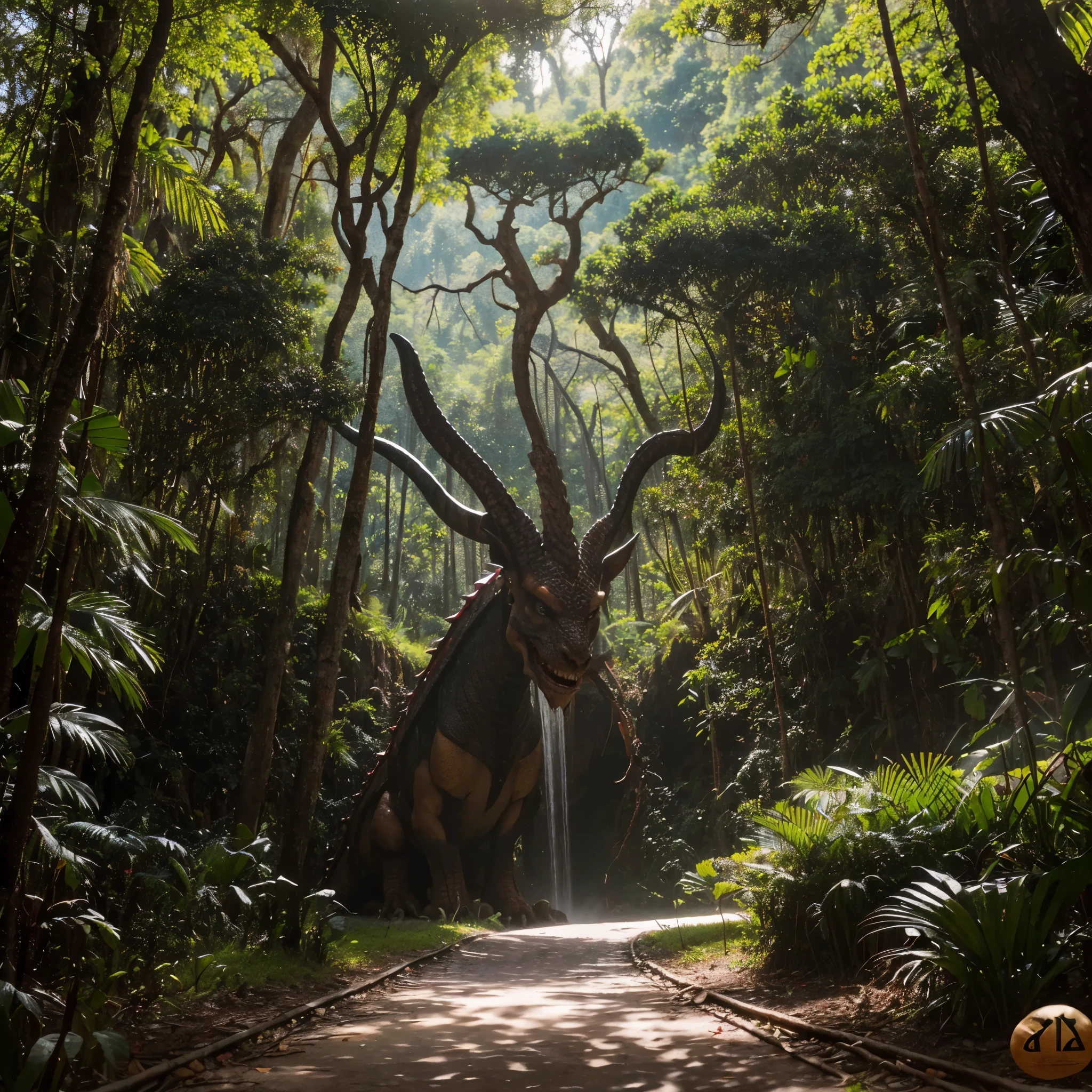 (extremadamente detallado, obra maestra, La mejor calidad, foto antigua, principios de siglo, VHS Aesthetics).(dragon gritando. Depredador.)(jungla espesa), organic trees with meat.