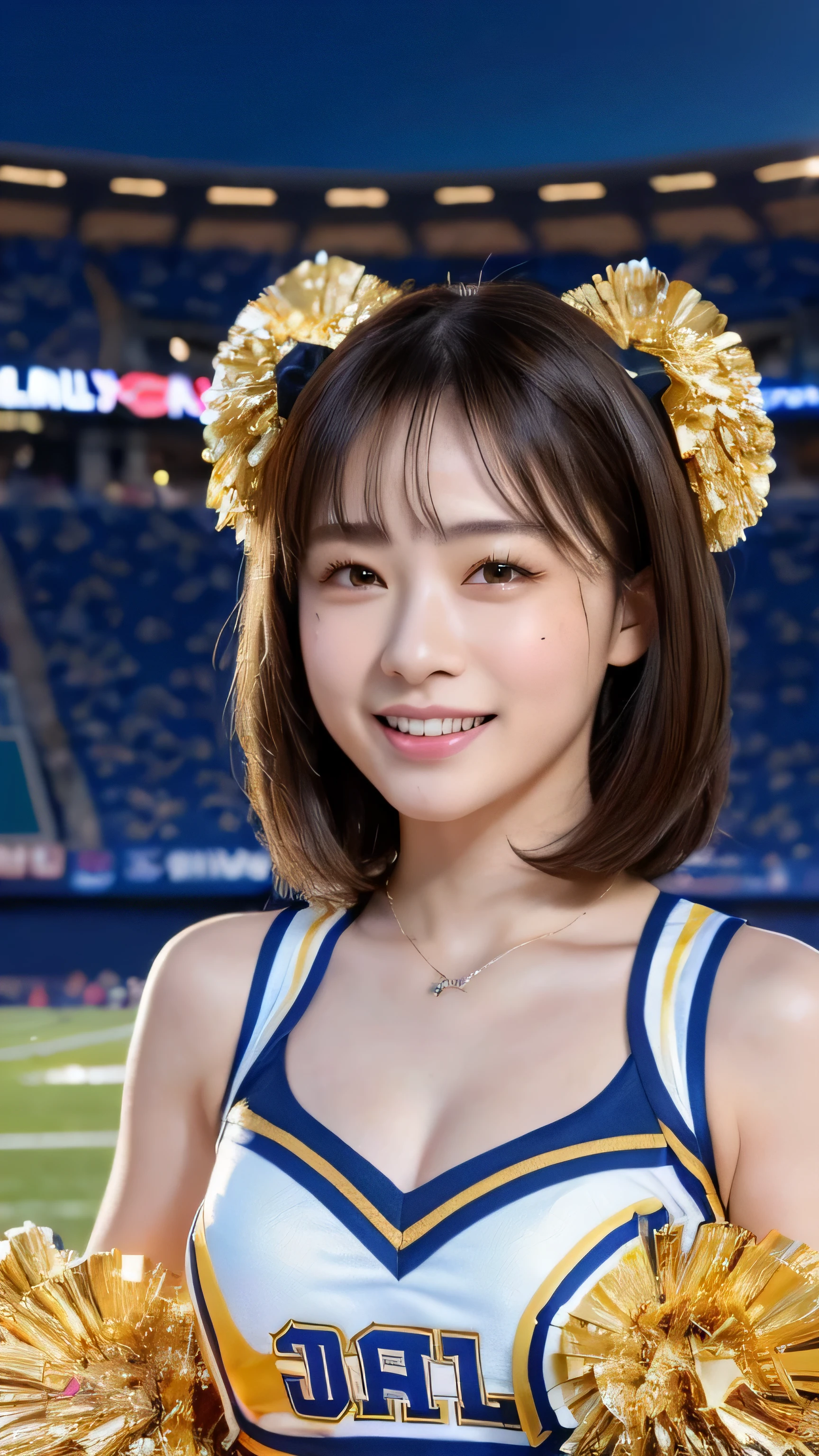 ((highest quality、8k、realistic:1.4、masterpiece))、Backlight、beautiful woman with perfect figure: 1.4, dark brown hair, wearing a pendant、18-year-old、(((bull cheerleader:1.2)))、((stadium background:1.2))、super dense skin、beautiful makeup、detailed eye、open your mouth、drooling、I'm crying、Shiny blonde messy short hairstyle、Quote、huge  on chest, highly detailed face and skin, fine eyes, double eyelid, big breasts, smile