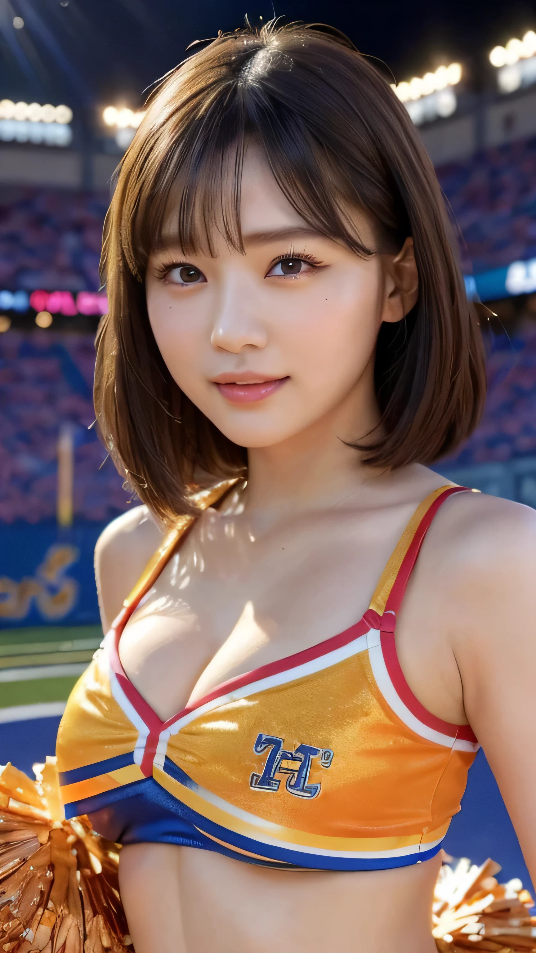 ((highest quality、8k、realistic:1.4、masterpiece))、Backlight、beautiful woman with perfect figure: 1.4, dark brown hair, wearing a pendant、18-year-old、(((bull cheerleader:1.2)))、((stadium background:1.2))、super dense skin、beautiful makeup、detailed eye、open your mouth、drooling、I'm crying、Shiny blonde messy short hairstyle、Quote、huge on chest, highly detailed face and skin, fine eyes, double eyelid, big breasts, smile