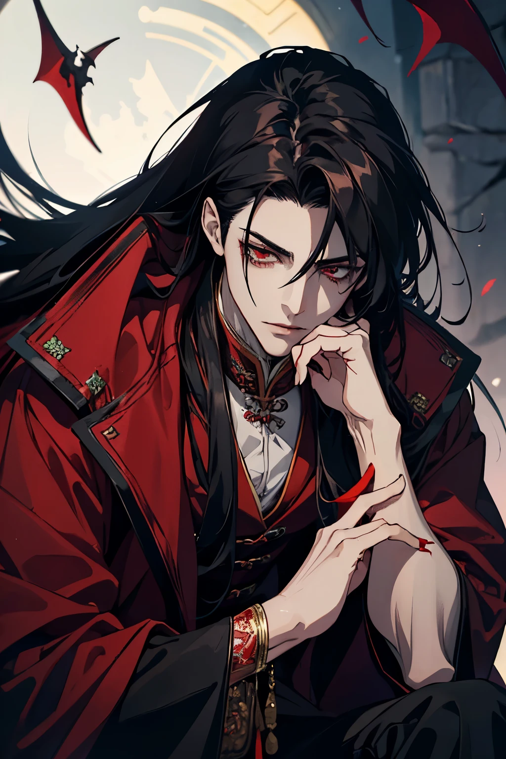 close up of a person in a red coat and black hair, alucard, full body xianxia, beautiful male god of death, vampire fashion, detailed anime character art, male vampire of clan banu haqim, full body black and red longcoat, l vampire, with his long black hair, androgynous vampire