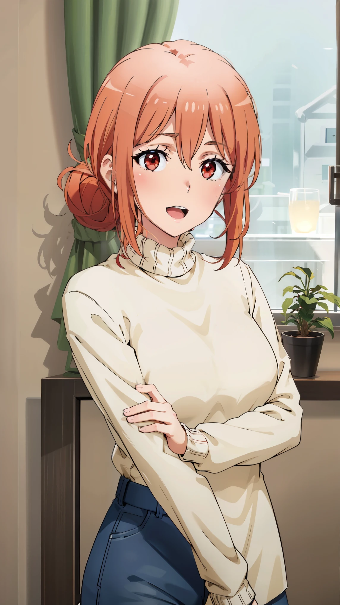tall body, tall, long legs, mature female, mature, adult, Eft_Oregairu_YuiMom, 1girl, solo, turtleneck, sweater, open mouth, smile, hair bun, curtains, single hair bun, breasts, turtleneck sweater, upper body, indoors, red eyes, window, mature female, :d, bangs, long sleeves, hair between eyes, brown hair, short hair, medium breasts, orange hair, in the park