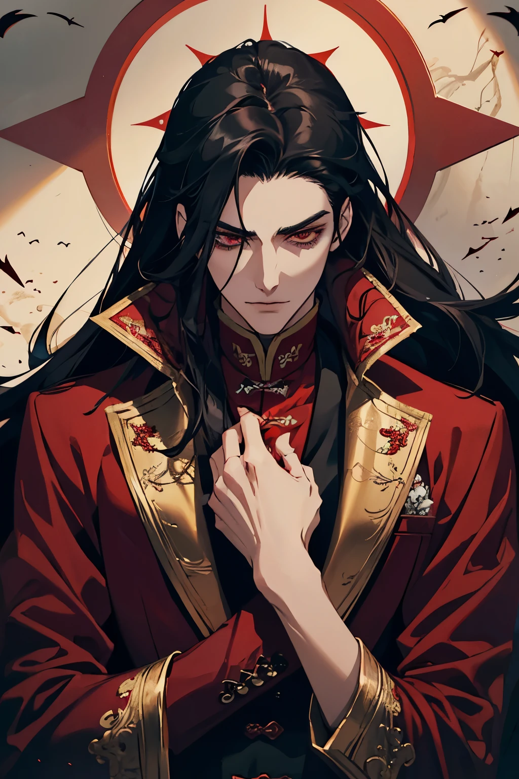 close up of a person in a red coat and black hair, alucard, full body xianxia, beautiful male god of death, vampire fashion, detailed anime character art, male vampire of clan banu haqim, full body black and red longcoat, l vampire, with his long black hair, androgynous vampire