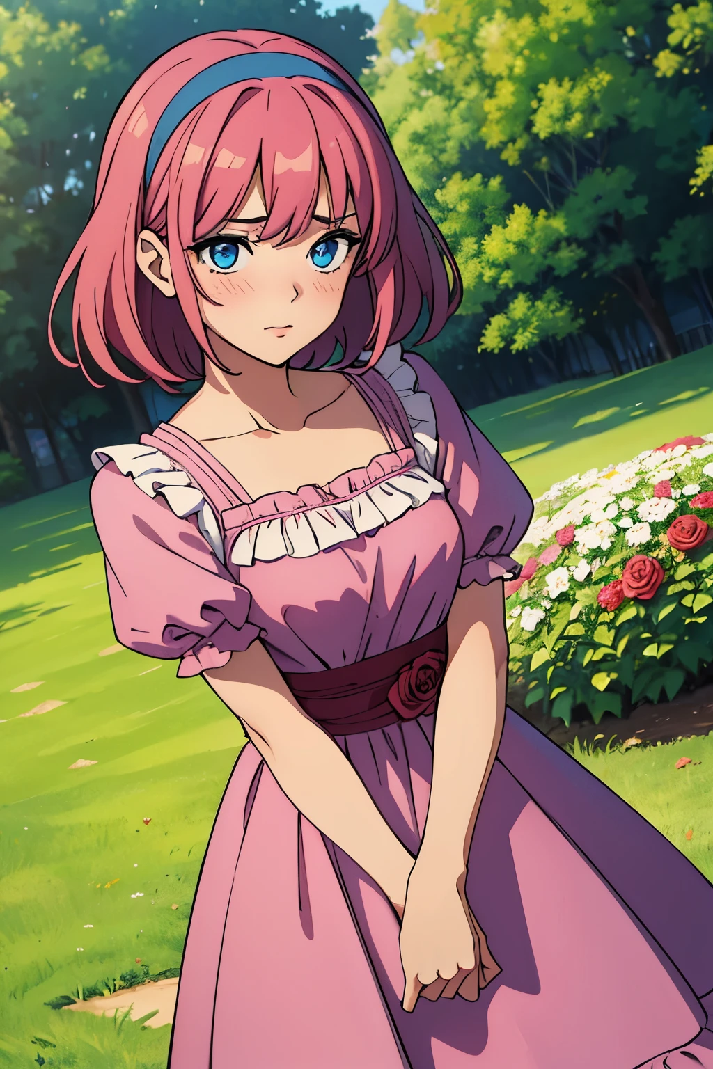 masterpiece、top-quality、top-quality、Photorealsitic、perfect anatomia、face perfect、perfect eyes、 Videldbs Pink Dress, 1girl in, solo, A dark-haired, doress, blue eyess, shairband, shorth hair, pink dress, florals, roses, red hairband, plein air、blushing cheeks、The clothes are fluffy、I'm embarrassed