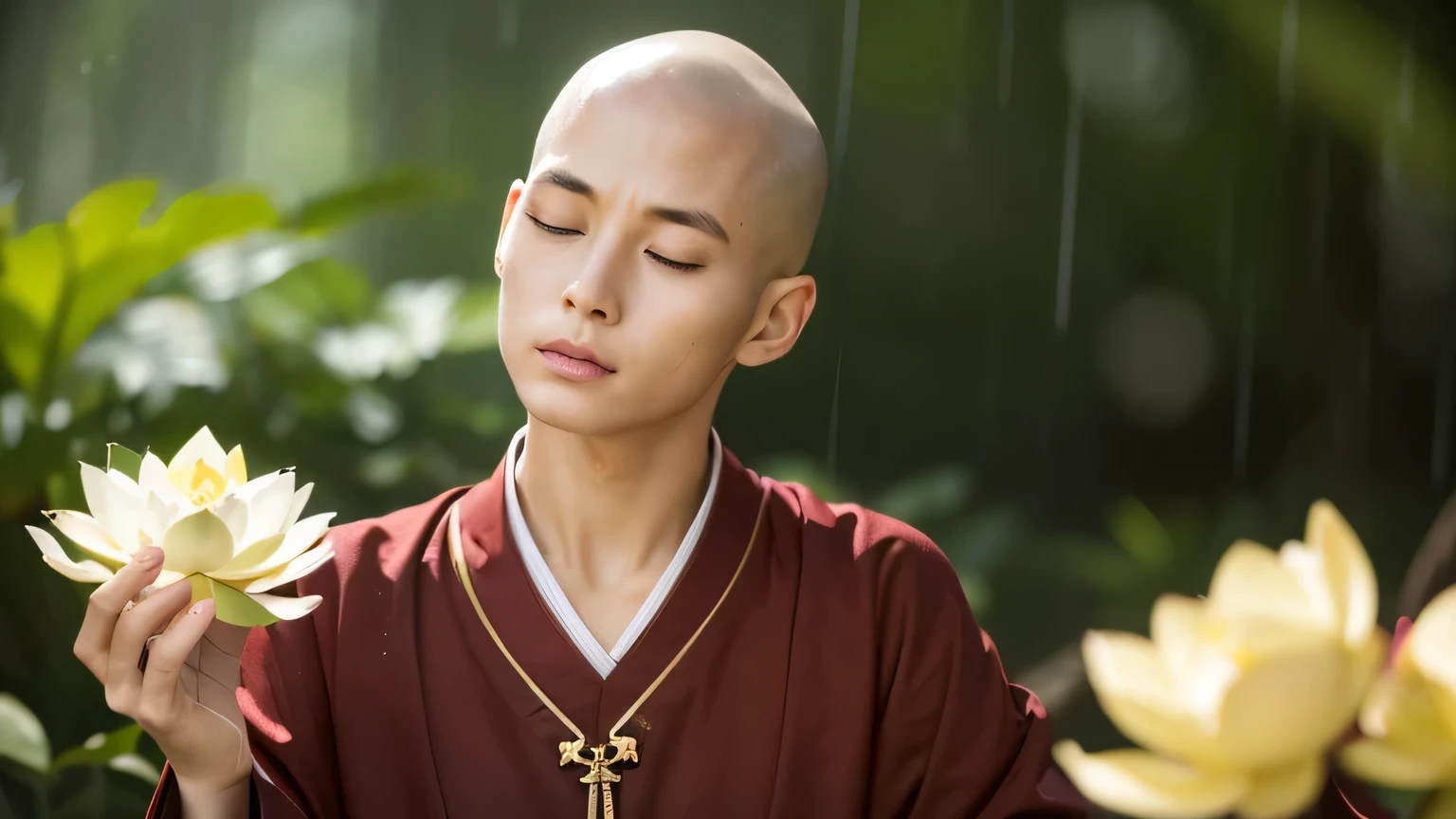 highest quality、highest quality、realistic、unity、8k wallpaper、official art、Highly detailed CG unity 8k wallpaper、Super detailed、High resolution、Physically based rendering、Super detailed,growing up, finely,The only handsome monk, (no hair:1.3), (close your eyes:1.4), (palms together), (meditating), (The face tends to be a little downcast), whole body, (back correction),slim face, beautiful young monk, highly detailed face, very beautiful face, fine eyes, view, blurred background, (Front view:1.3), (monk's robe:1.3), (Don'show as little skin as possible), (Sit and meditate in the lotus position:1.3), (Stay away from the camera), (Facing the camera forward), frontage, slim face, In the rainforest, professional lighting, (illuminate the face:1.3)