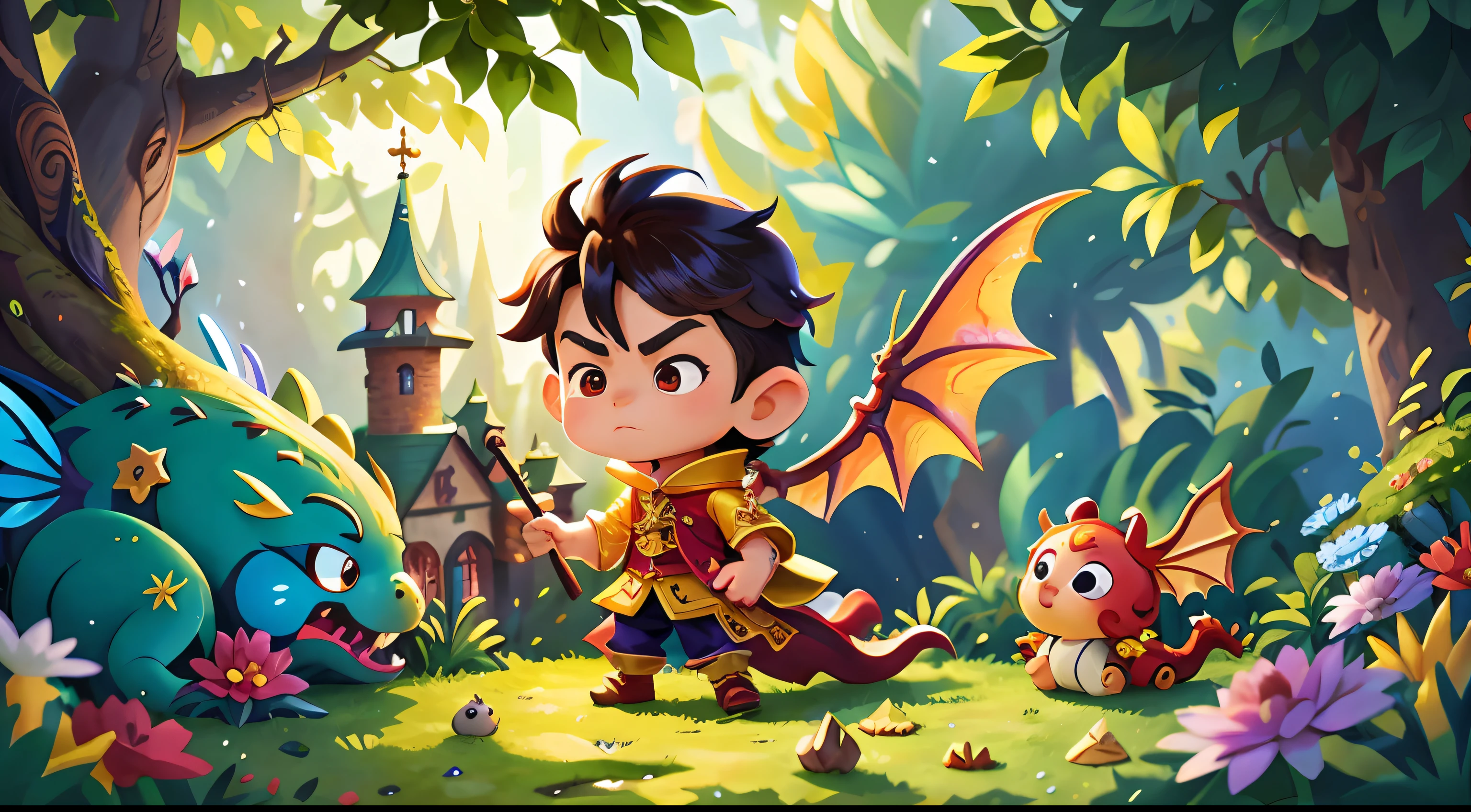 chef-d&#39;artwork，Ultimate quality，1 fairy，1 boy，castle，Dragon chinois，visage parfait，Great detailise au point HD，Extremely rich colors