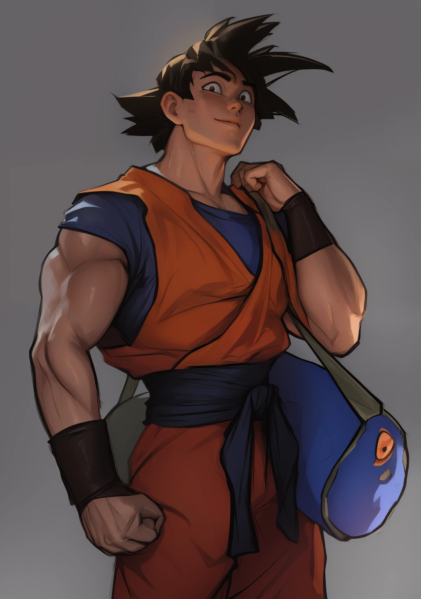 ((samdoesart)), um close de um homem com uma bolsa em um fundo cinza, Goku as an Asian man, Arte conceitual de Dragon Ball, Goku, goku de dragon ball z, goku de dragonball z, goku no estilo pixar, highly detailed retrato de goku, retrato de goku, (Pixar), pintura extremamente detalhada,
