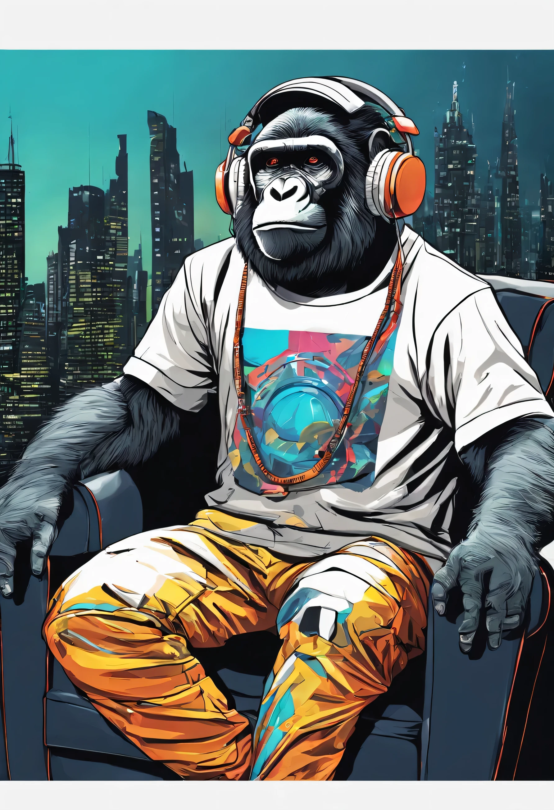 A futuristic gorilla sitting in an armchair, with headphones, colorful clothes, music note necklace on his chest, ultra realistic image, cinema photo, with lights in eyes, surrounded by vibraprint ready vector t-shirt design, cyberpunk monkey illustration, side view, sticker, clean white background, professional vector, high detail, t-shirt design, graffiti, vibrant nt futuristic cityscape.A futuristic monkey figure, with lights in eyes, surrounded by vibraprint ready vector t-shirt design, cyberpunk monkey illustration, side view, sticker, clean white background, professional vector, high detail, t-shirt design, graffiti, vibrant nt futuristic cityscape.