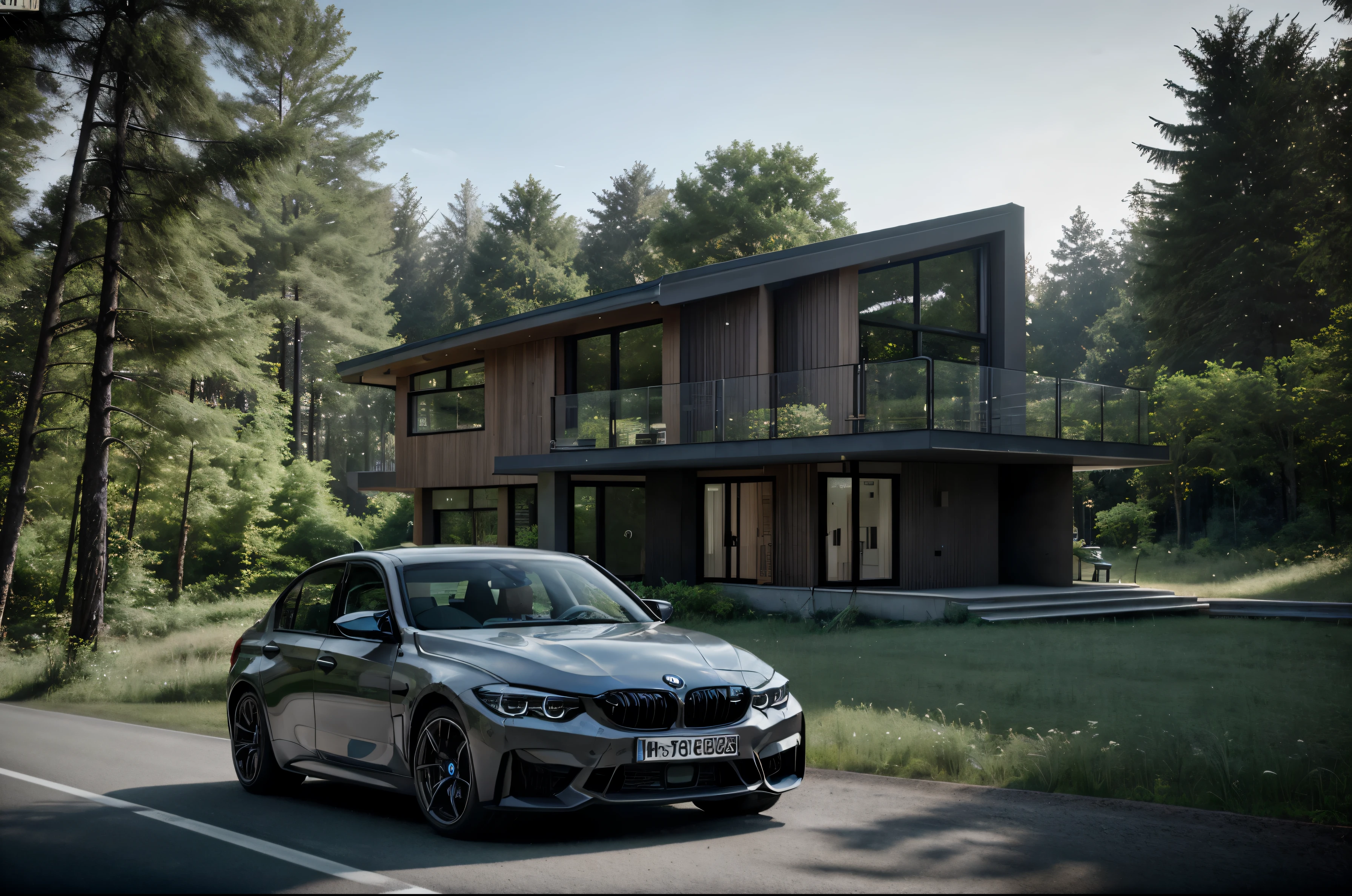 modern house in the forest with a car BMW M3 2021 model in front of it and a forest in the background, detailed, details, 8k, realistic