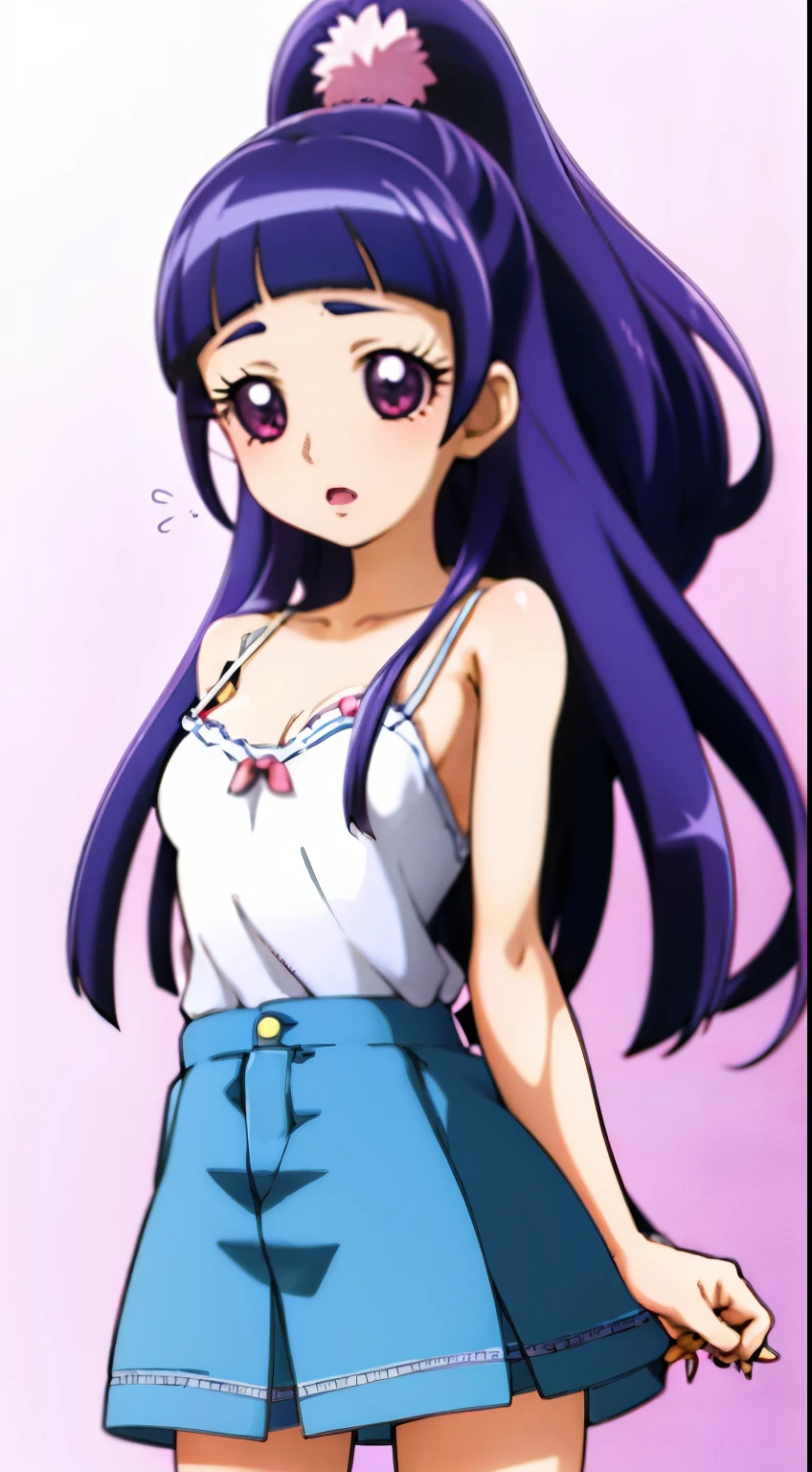 anime girl with purple eyes and long hair in white camisole, anime moe art style, naughty anime style, anime style, in anime style, clothing:white camisole, flat anime style shading, cute anime girl, anime girl 巨乳, had big breasts, brown mini skirt, Camisole underwear, cute anime style, 2D anime style, pretty anime girl, young anime girl, anime girl, anime girl with long hair, long purple hair girl, purple eyed girl, high ponytail, anime art style, an anime girl, Beautiful charming anime , casual atmosphere,
