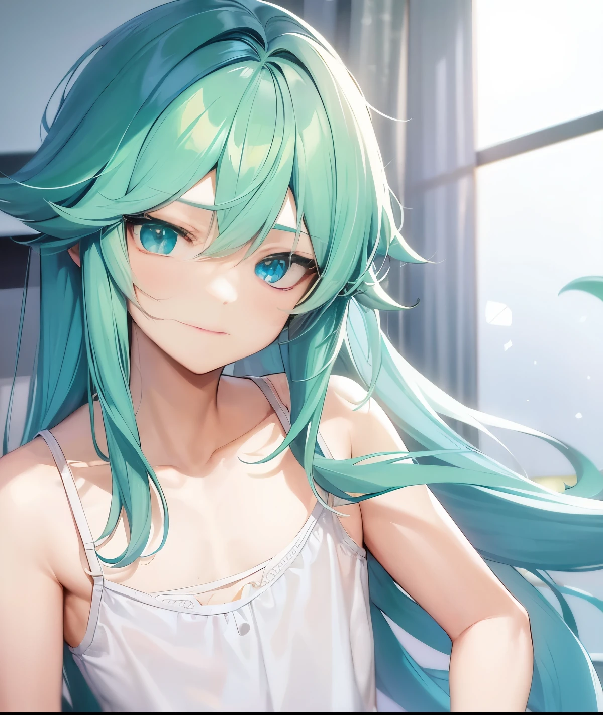 1boy, solo, anime boy with long green hair and blue eyes in a white camisole, anime boy with teal hair, with long turquoise hair, blue eyed man, clothing:white camisole, anime boy with long hair, 美しいblue-green hair男の子, Braid, half up hair, blue-green hair, zodiac boy, Camisole underwear, white mini skirt, pretty anime boy, (anime boy), beautiful anime boy, portrait zodiac boy, 白いCamisole underwearを着て, casual atmosphere,