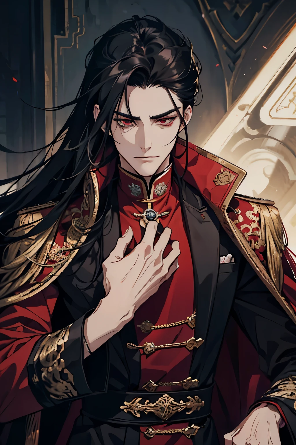 close up of a person in a red coat and black hair, alucard, full body xianxia, beautiful male god of death, vampire fashion, detailed anime character art, male vampire of clan banu haqim, full body black and red longcoat, l vampire, with his long black hair, androgynous vampire, detailed 20 year old male face, ultra realistic anime red eyes no emotions, INTJ, intelligent