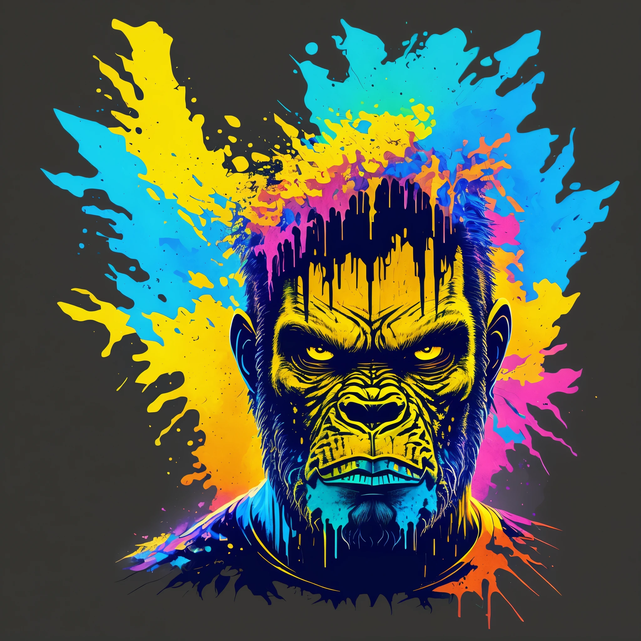 (a portrait of Cyberpunk Gorilla with colored fluid), T-shirt logo in conical fine outline style, spelling vision, art on (empty background:1.4) cyberpunk in the city vibrant colors black blue and yellow