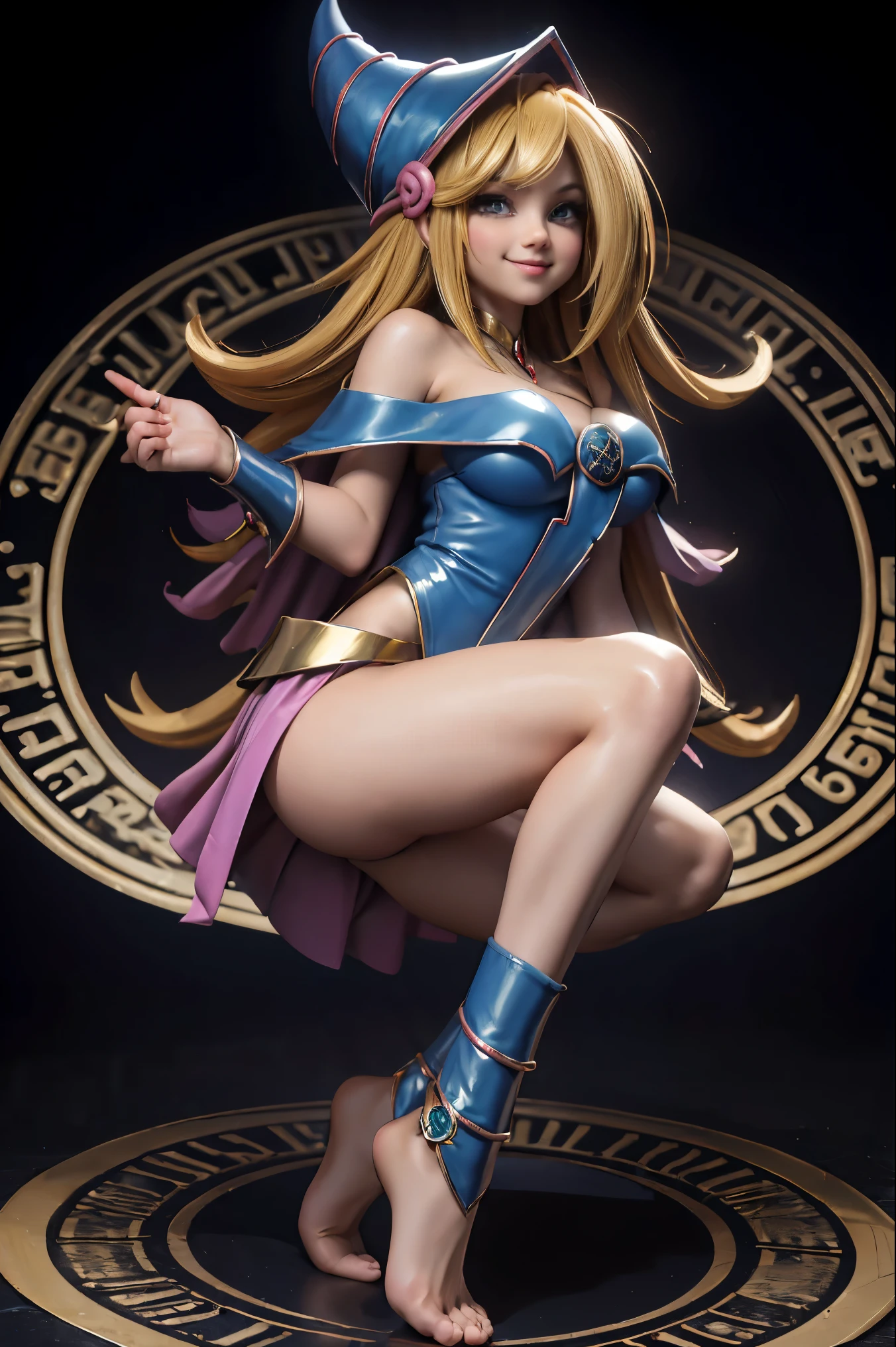 Dark magician gils en el aire, she comes out of a magic circle of heart. Magic hearts background. Sonrisa en sus labios. Ojos celestes. Cabello dorado. Pose sensual. Levitando en una pie. Tiene tacones. Usa tacones azules y dorados . Usa tacones 