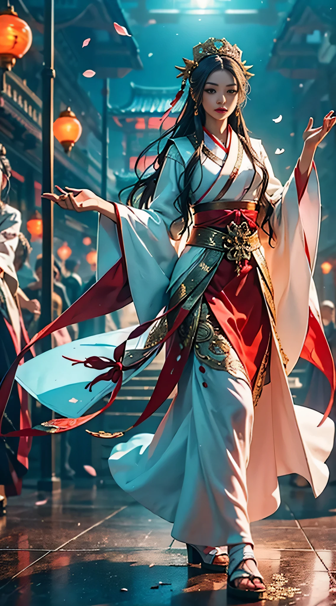 best quality, masterpiece, high resolution, (Exquisite figure:1.5),gorgeous face,(milky white skin:1.3),intricate details,high resolution,wallpaper,
1 girl, alone, skirt, hair accessories, (((gold and red skirt))), flowers, long hair, brown hair, shut your mouth, jewelry, long sleeves, raise your hand, wide sleeves, big eyes,Floating hair, Chinese clothes, Hanfu, embroidery, long skirt, natural posture, falling petals, indoor,Fan Ning, lantern,
16k,high dynamic range,high resolution,depth field,(film grain:1.1),This book,prime time,(lens flare),vignette,rainbow,(color grading:1.5) with a fat boy, Wearing black glass frame rectangle, Walking in the street, hold hands