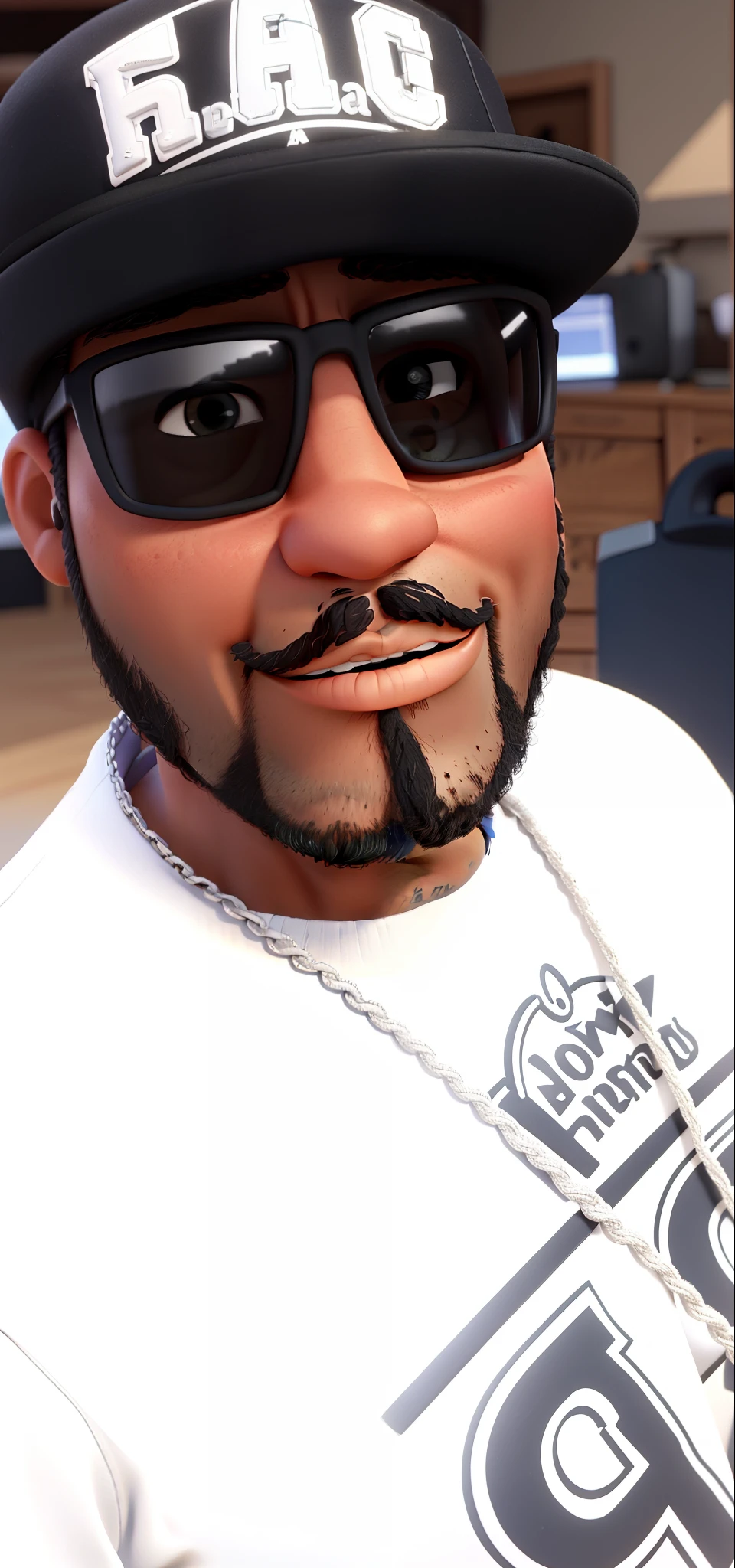 Um homem ????? com barba estilo Disney pixar, rapper, alta qualidade, melhor qualidade