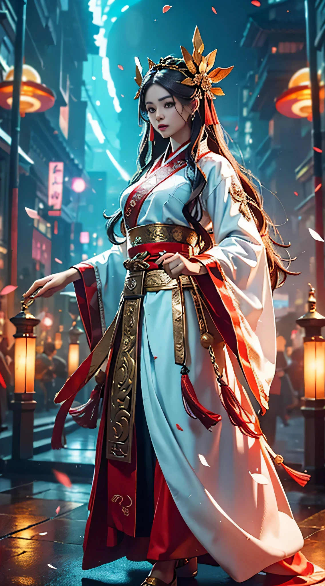 best quality, masterpiece, high resolution, (Exquisite figure:1.5),gorgeous face,(milky white skin:1.3),intricate details,high resolution,wallpaper,
1 girl, alone, skirt, hair accessories, (((gold and red skirt))), flowers, long hair, brown hair, shut your mouth, jewelry, long sleeves, raise your hand, wide sleeves, big eyes,Floating hair, Chinese clothes, Hanfu, embroidery, long skirt, natural posture, falling petals, indoor,Fan Ning, lantern,
16k,high dynamic range,high resolution,depth field,(film grain:1.1),This book,prime time,(lens flare),vignette,rainbow,(color grading:1.5) with a fat boy, Wearing black glass frame rectangle, Walking in the street, hold hands