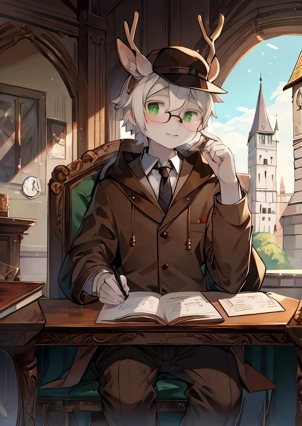 a white deer,detective装,hat,Glasses,magnifier,in an old castle,Lovely shota,Green pupils,chin support,notebook,Scattered paper,sit at the table,think,Brown robe,document,shawl,white hair,antlers,crystal pupil,detective