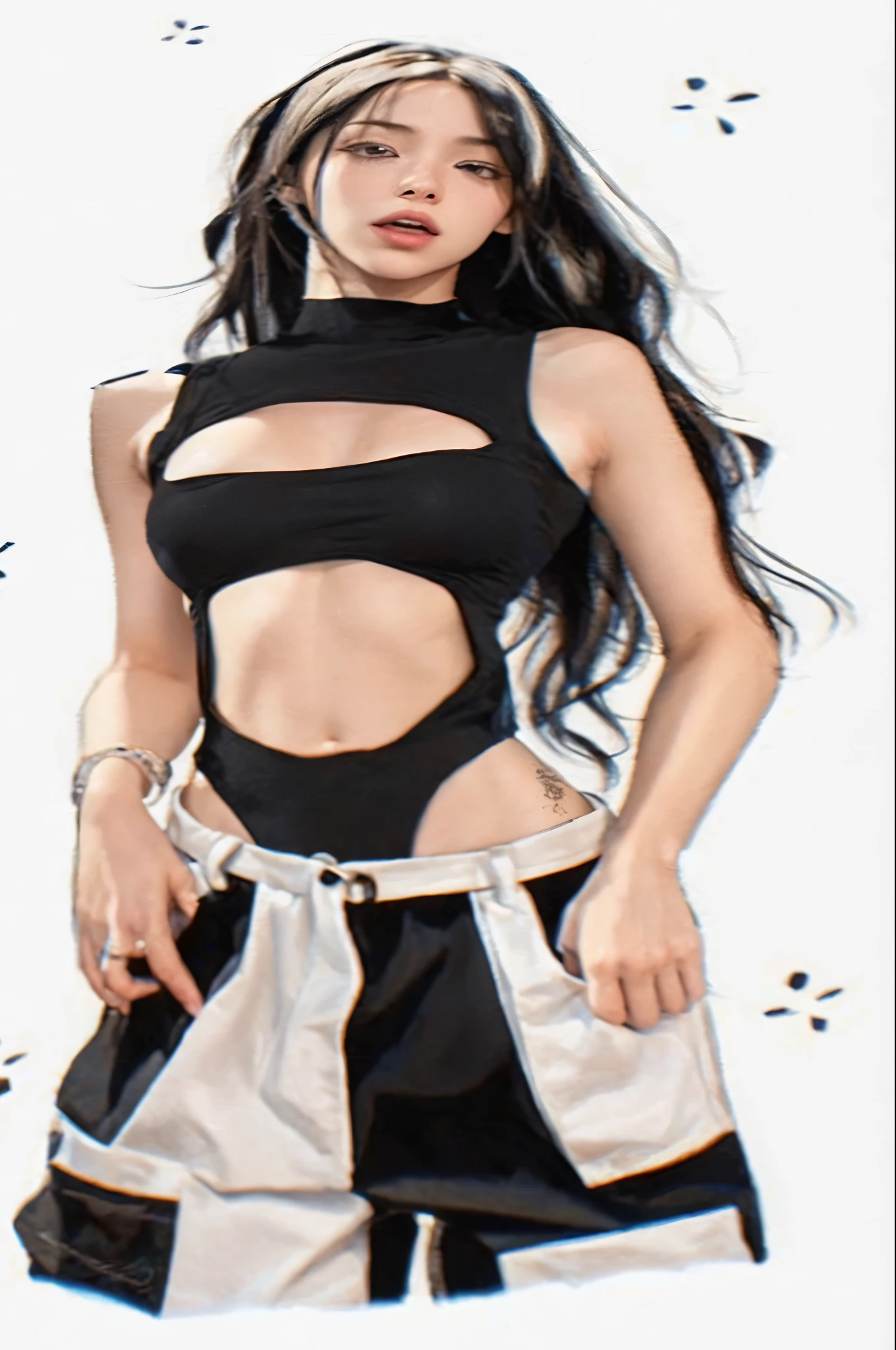 Chica anime con cabello largo y top negro y pantalones blancos., style mix of æon flux, the smallest abdomen ever seen, separar, tifa lockhart, retrato seductor de tifa lockhart, cuerpo completo;, glamorous Tifa Lockheart, physicist : the smallest abdomen ever seen, Tifa Lockheart, nezuko, abdomen expuesto