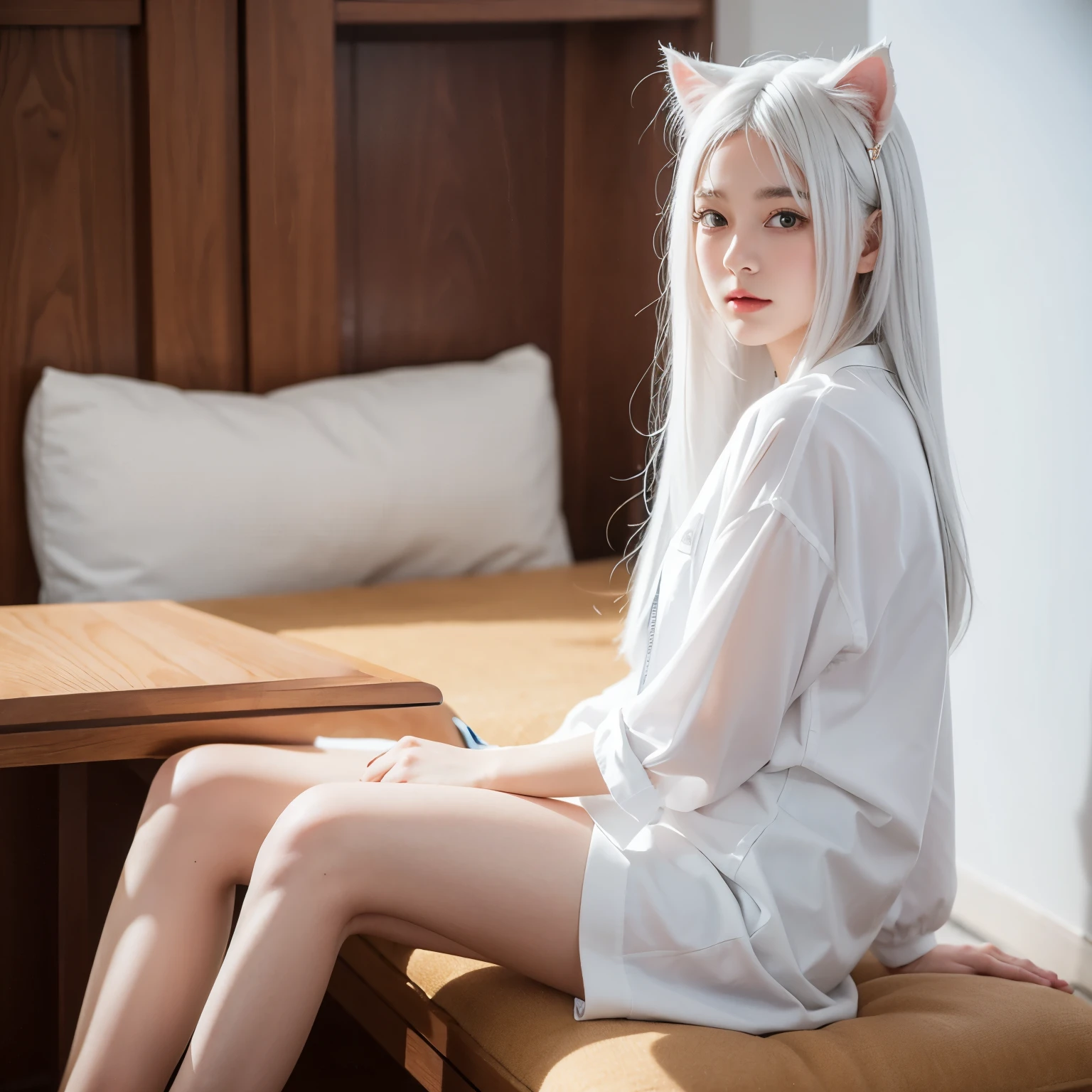 1 girl, This will be, looking at the audience, white hair, there is nothing, Cat ears, cat tail, White shirt, open clothes, russian city, Babaizi