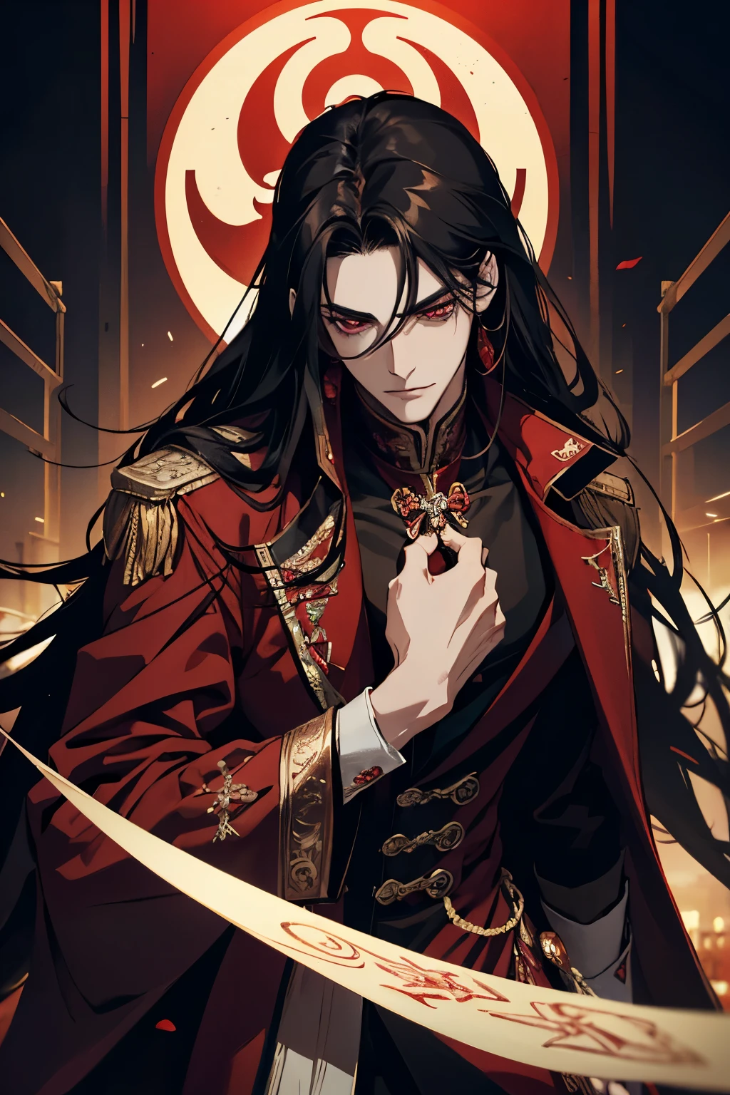close up of a person in a red coat and black hair, alucard, full body xianxia, beautiful male god of death, vampire fashion, detailed anime character art, male vampire of clan banu haqim, full body black and red longcoat, l vampire, with his long black hair, androgynous vampire, detailed 20 year old male face, ultra realistic anime red eyes no emotions, INTJ, intelligent