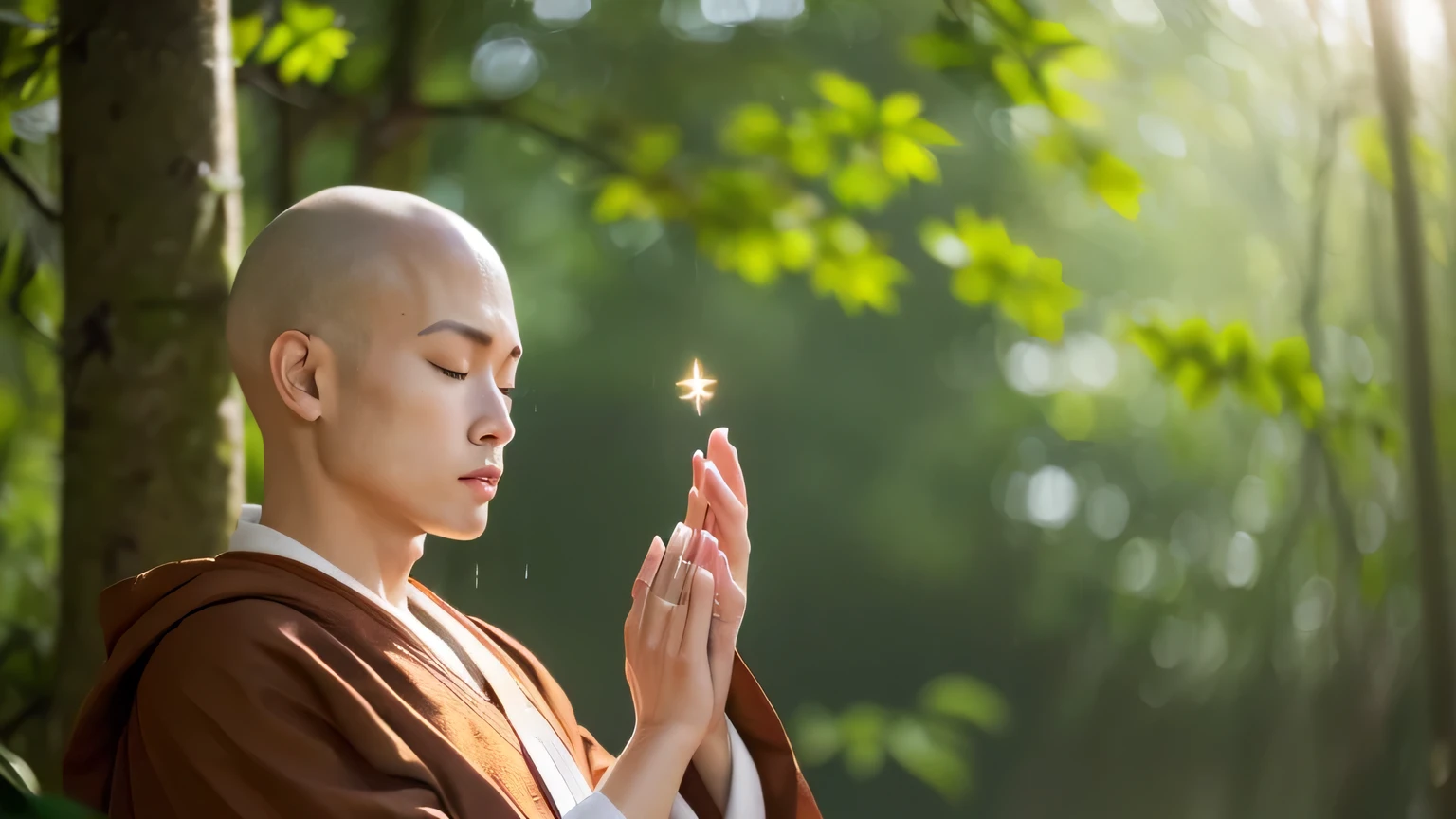 highest quality、highest quality、realistic、unity、8k wallpaper、official art、Highly detailed CG unity 8k wallpaper、Super detailed、High resolution、Physically based rendering、Super detailed,growing up, finely,The only handsome monk, (no hair:1.3), (close your eyes:1.4), (palms together), (meditating), (The face tends to be a little downcast), whole body, (back correction),slim face, beautiful young monk, highly detailed face, very beautiful face, fine eyes, view, blurred background,  (Front view:1.3), (monk&#39;s robe:1.3), (Don&#39;show as little skin as possible), (Sit and meditate in the lotus position:1.3), (Stay away from the camera）, (Facing the camera forward）, frontage, slim face, In the rainforest, professional lighting, (illuminate the face:1.3)