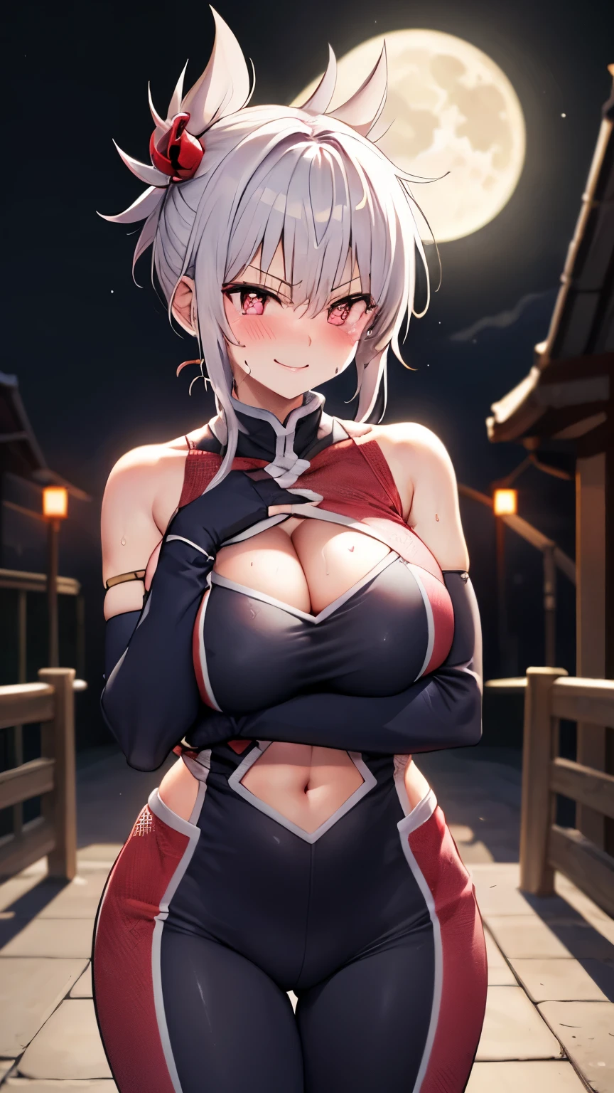 masterpiece, highest quality, disorganized, perfect anatomy, 1 girl, alone, Matsuri Kazamaki, hair ornaments, windmill, ninja, bangle, fishnet bodysuit,(black bra),black gloves, elbow bag, bare shoulders, Are standing, smile, moon, moonlight, night, night sky, outdoors,emphasize the chest,Skinny Body,
breath,sweat,wet,smirk,nose blush, heart-shaped pupils, frustrated,cleavage,huge breast,(round breast:1.2),(athletic breast),athletic body,toned stomach