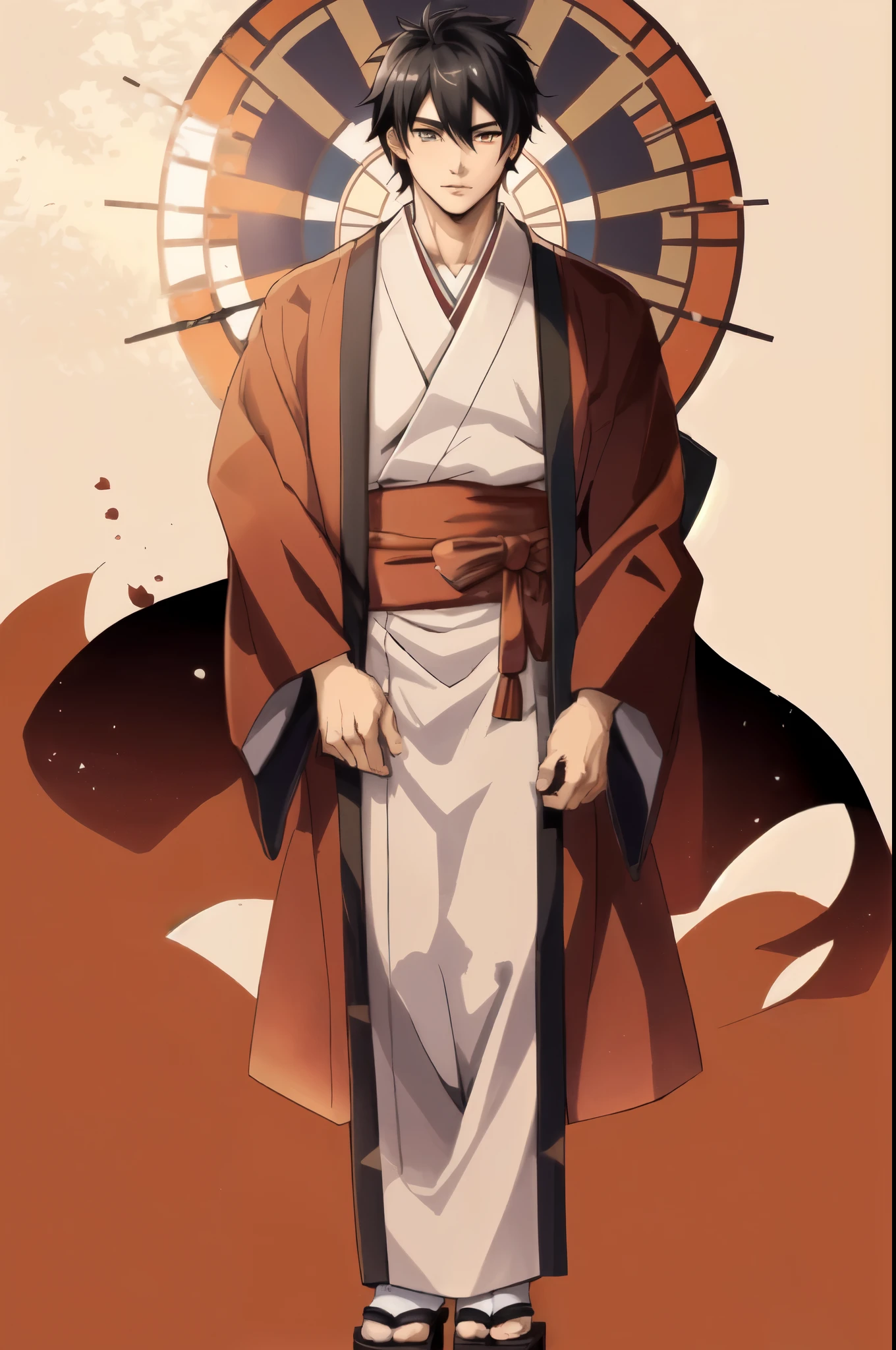 ((highest quality)), ((masterpiece)), (be familiar with),  (male),  (kimono), anime style, whole body, super short hair, shaved head, Are standing, kimono, wearing tabi socks, Wearing geta, black hair, perfectly symmetrical face, highly detailed eyes, perfect hand shape, perfect foot shape, Perfect body balance,