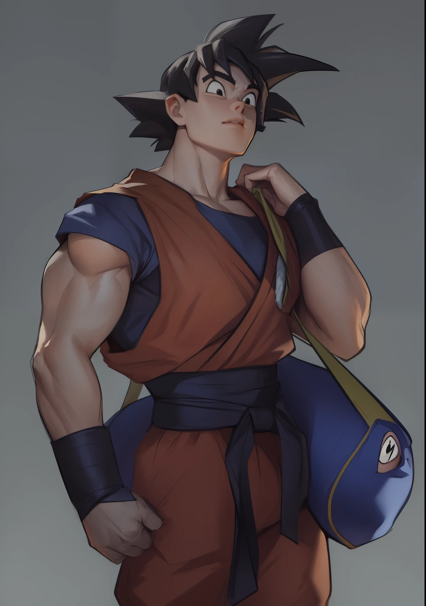 ((samdoesart)), um close de um homem com uma bolsa em um fundo cinza, Goku as an Asian man, Arte conceitual de Dragon Ball, Goku, goku de dragon ball z, goku de dragonball z, goku no estilo pixar, highly detailed retrato de goku, retrato de goku, Pixar, pintura extremamente detalhada,