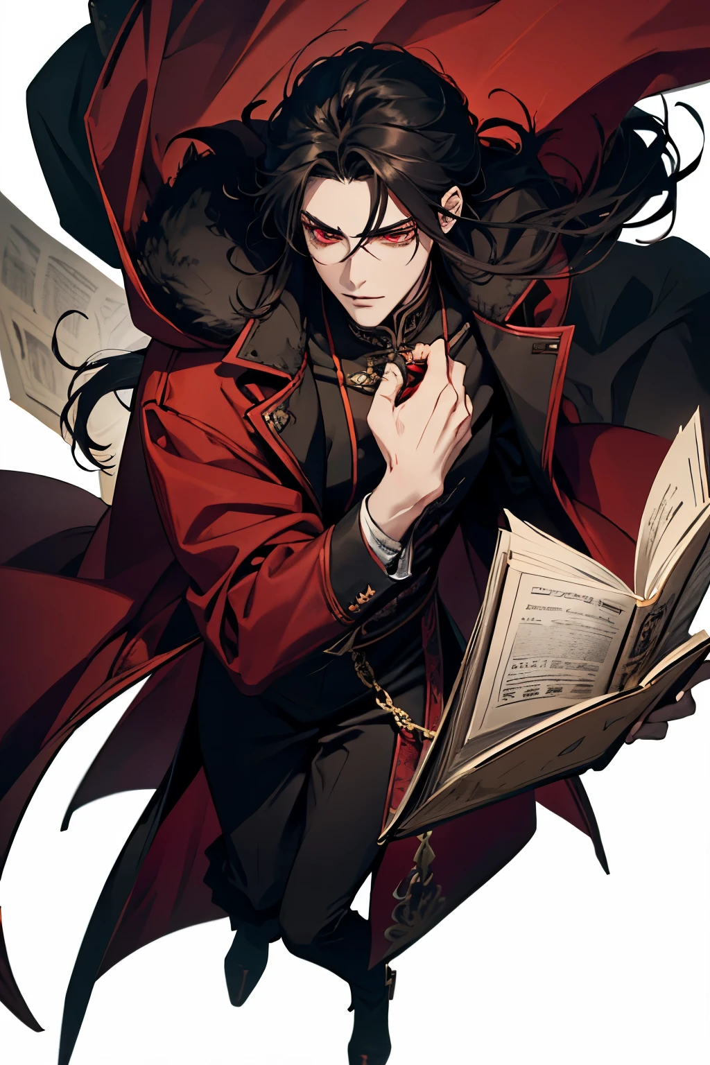 close up of a person in a red coat and black hair, alucard, full body xianxia, beautiful male god of death, vampire fashion, detailed anime character art, male vampire of clan banu haqim, full body black and red longcoat, l vampire, with his long black hair, androgynous vampire, detailed 20 year old male face, ultra realistic anime red eyes no emotions, INTJ, intelligent, hands on scorpio
