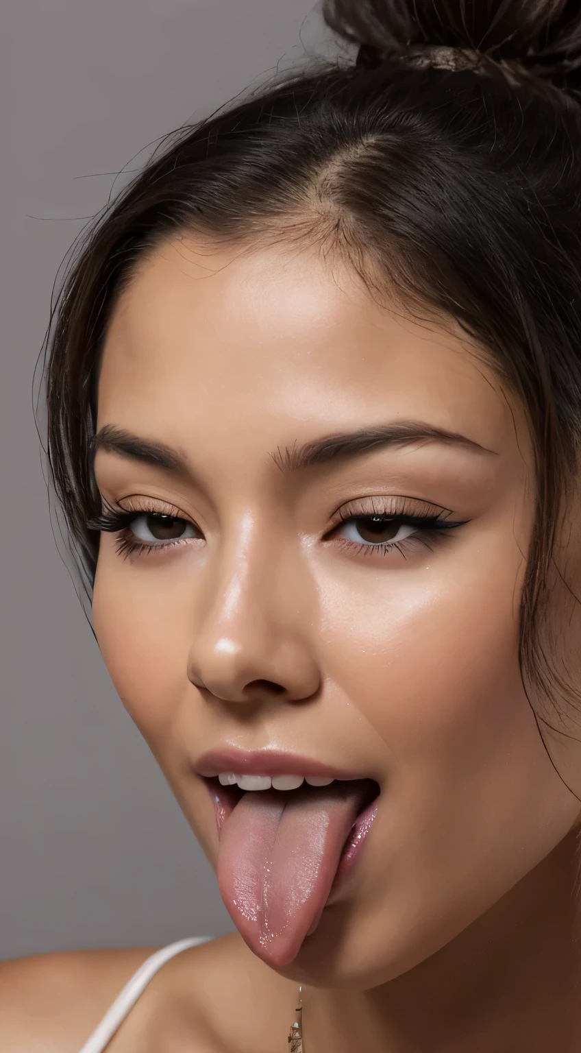 table top,,Awards - Award-winning photos, very detailed, focus the eyes clearly, nose and mouth,face focus, woman with open mouth and closed eyes, nude、35 years old,black haired、symmetrical face,realistic nostrils、angle from below、elongated C-shaped nostrils,,,,,,,,,,,,,,,,,,,,,,,,,,,,,,,,,,,,NSFW,white background、sweaty skin、Lighting that emphasizes the skin that shines with sweat、((hook nose))Skin shiny with sweat、shiny skin、(wet and shiny tongue)