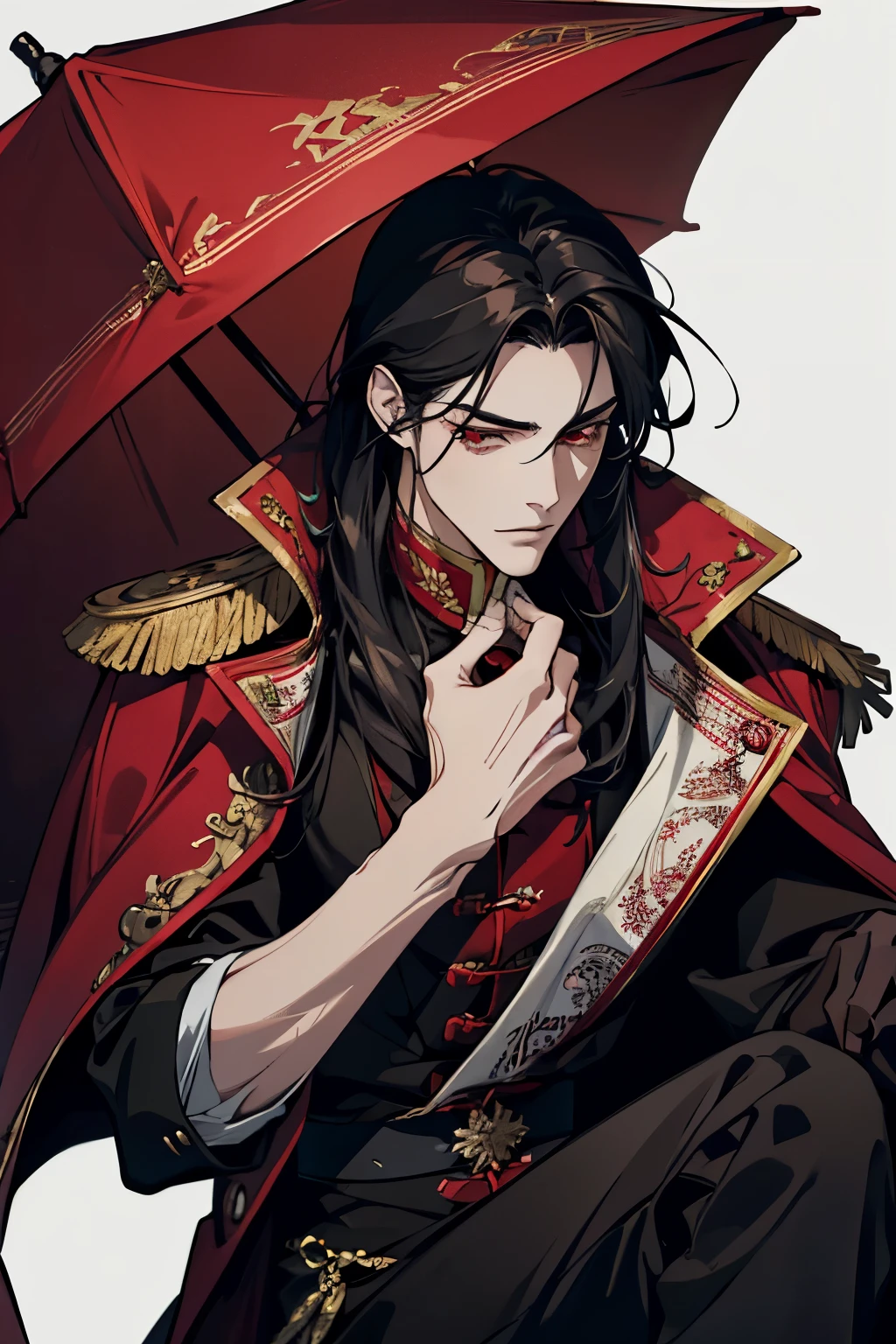 close up of a person in a red coat and black hair, alucard, full body xianxia, beautiful male god of death, vampire fashion, detailed anime character art, male vampire of clan banu haqim, full body black and red longcoat, l vampire, with his long black hair, androgynous vampire, detailed 20 year old male face, ultra realistic anime red eyes no emotions, INTJ, intelligent, holding a scorpion