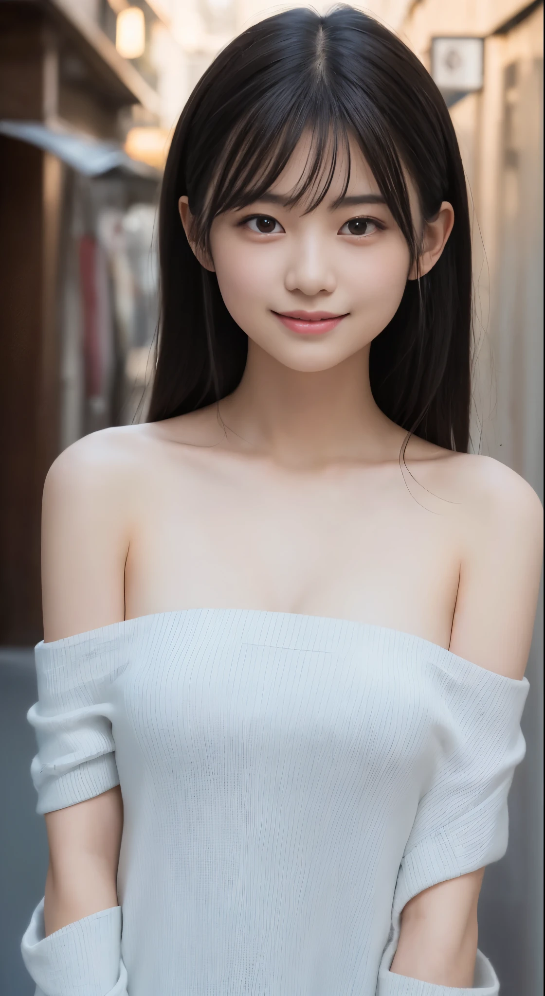 muste piece, best quality, 8K, ((6 years old, 10th generation,Lolita,childish, primary school student:1.5)), face,young face,Raw photo, disorganized, award-winning portraits, grinning smile,cheerful smile, white teeth,the corners of the mouth are raised,solo, (night time:1.8), idol face, delicate girl,Slender body, upper body whole body, digital single lens reflex, Looking at Viewer, Frank, sophisticated,arms are thin, thin body,pat shoulders,thin and long neck,professional lighting, film grain, chromatic aberration, (detailed eyes and face:1.0) , black hair , shortcut,bangs, double eyelid, droopy eyes , small breasts,knitted clothes,white knit,knitted clothes,Texture,Excessive exposure,Shoulders are sticking out,((drop shoulder:1.45 )),(take off clothes:1.0),(Clothes come off) , being undressed , I can see your chest,cleavage,A light shines on my chest,Gorgeous chest,shiny chest,chest comes out, bright,