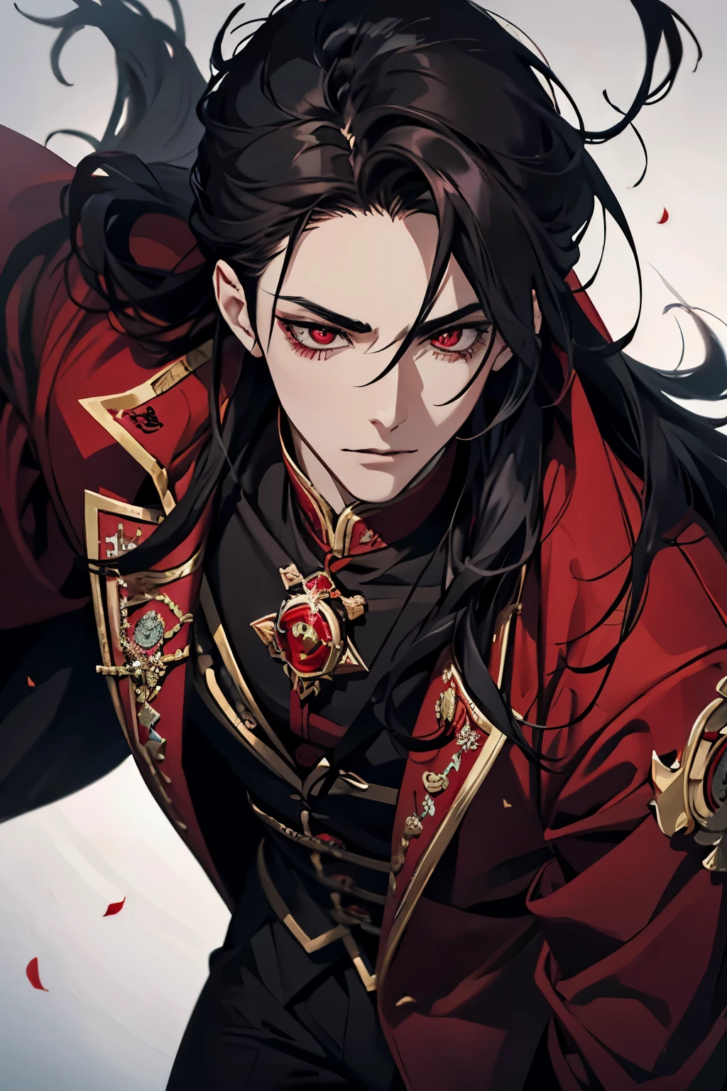 close up of a person in a red coat and black hair, alucard, full body xianxia, beautiful male god of death, vampire fashion, detailed anime character art, male vampire of clan banu haqim, full body black and red longcoat, l vampire, with his long black hair, androgynous vampire, detailed 20 year old male face, ultra realistic anime red eyes no emotions, INTJ, intelligent, holding a scorpion