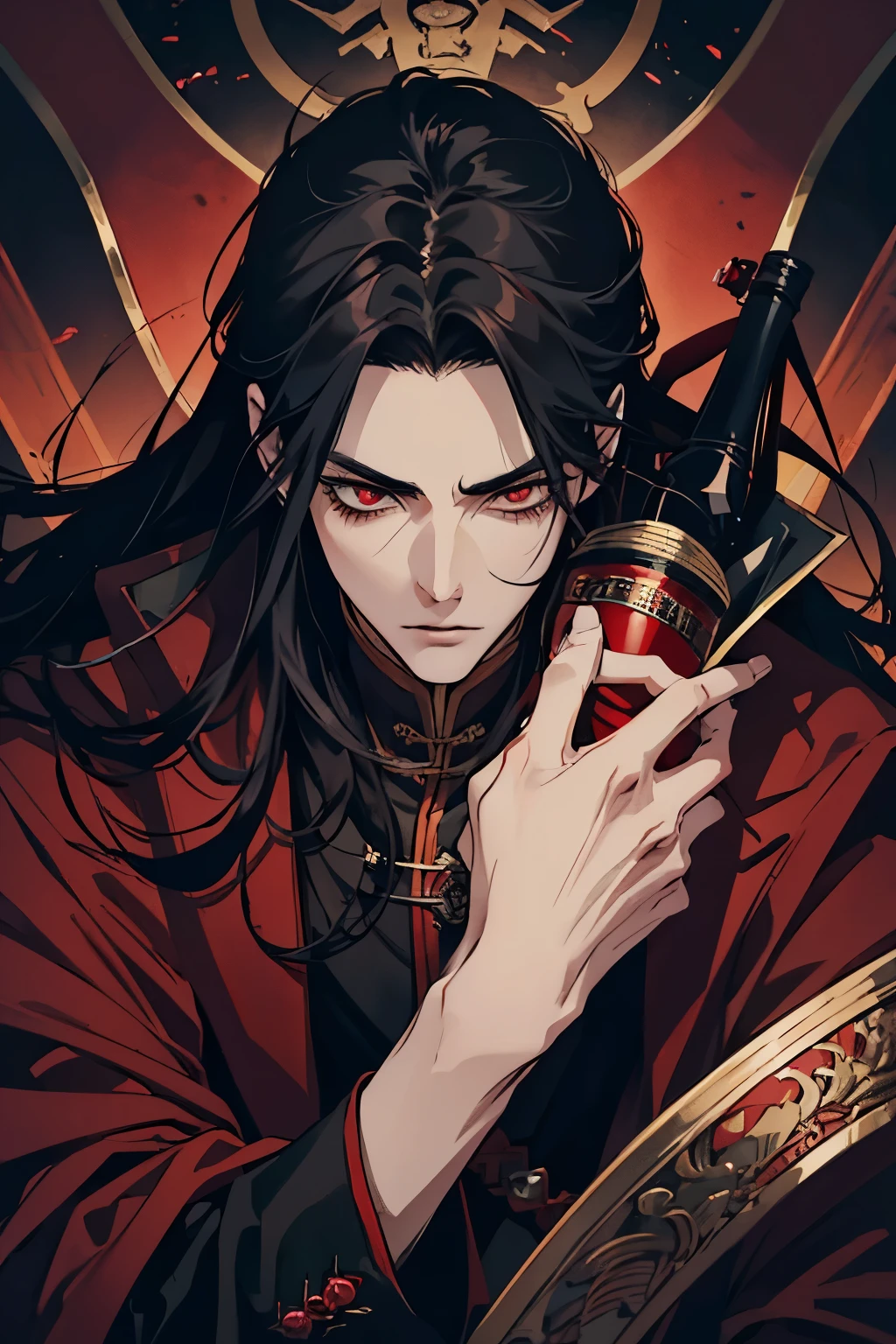 close up of a person in a red coat and black hair, alucard, full body xianxia, beautiful male god of death, vampire fashion, detailed anime character art, male vampire of clan banu haqim, full body black and red longcoat, l vampire, with his long black hair, androgynous vampire, detailed 20 year old male face, ultra realistic anime red eyes no emotions, INTJ, intelligent, holding a scorpion