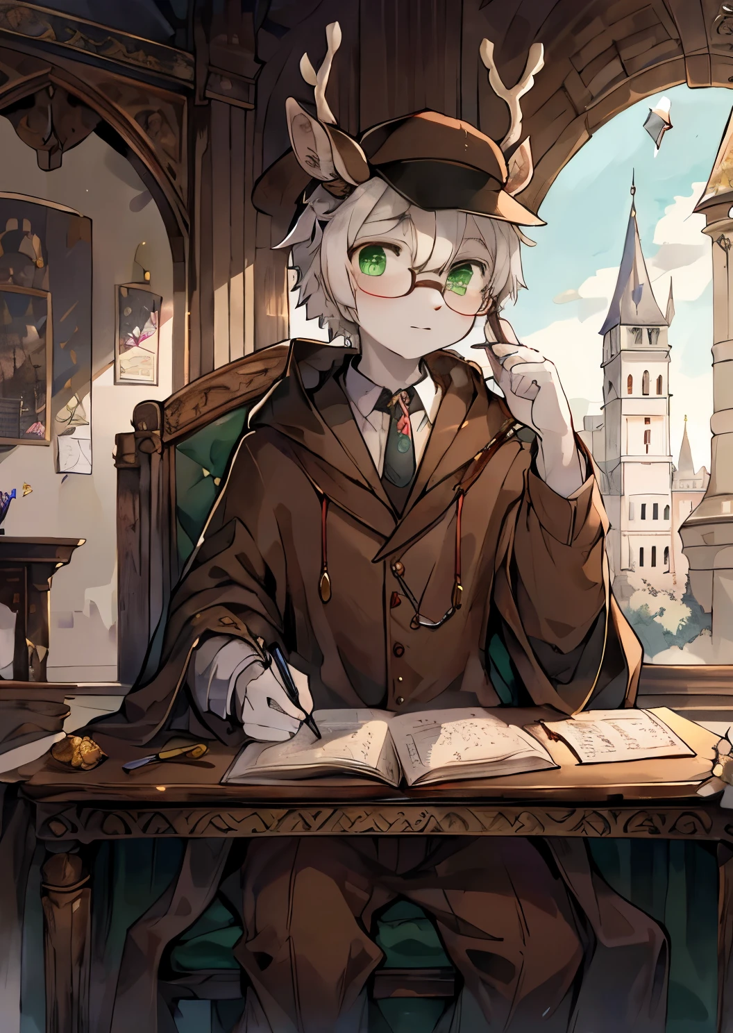 a white deer,detective装,hat,Glasses,magnifier,in an old castle,Lovely shota,Green pupils,chin support,notebook,Scattered paper,sit at the table,think,Brown robe,document,shawl,white hair,antlers,crystal pupil,detective