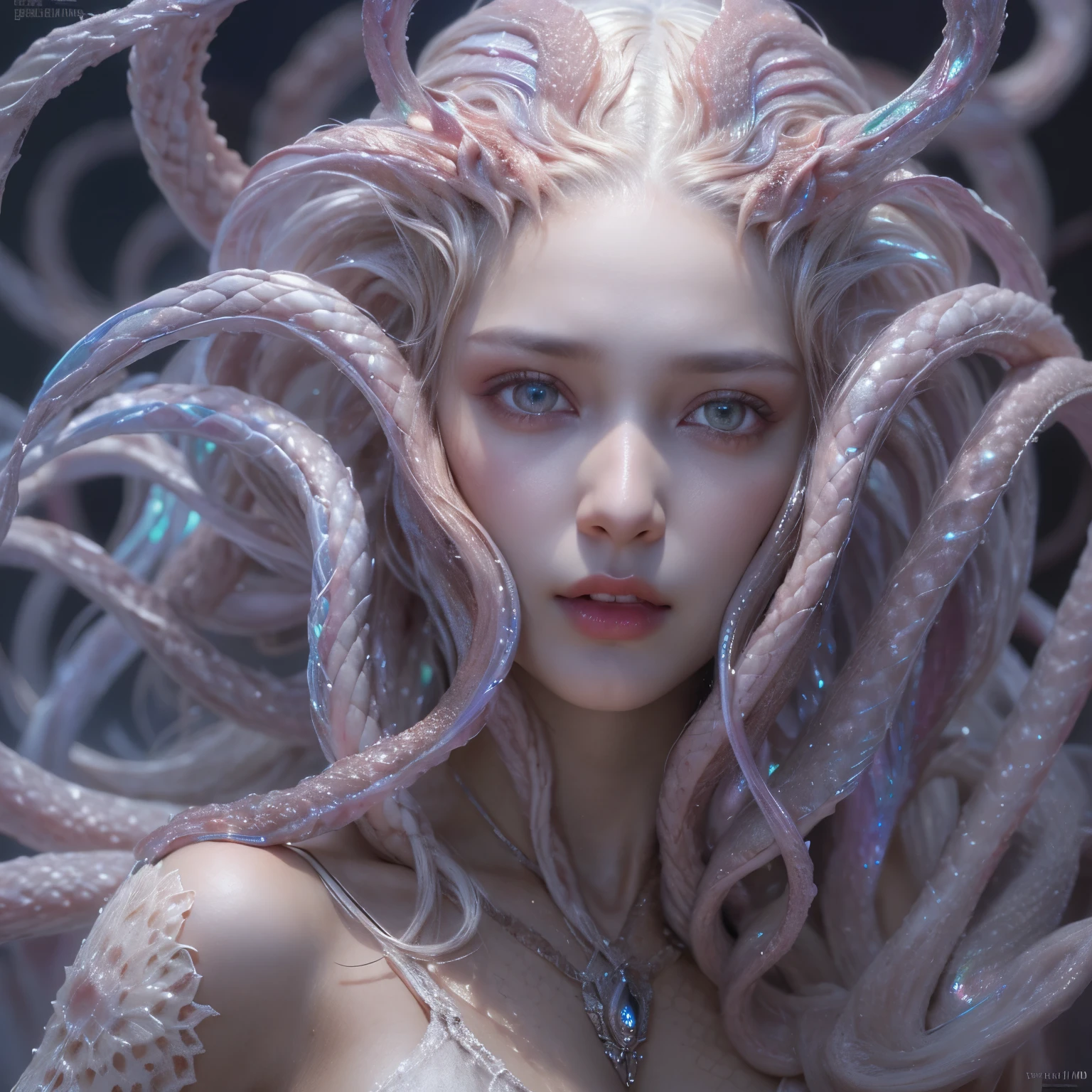 (A female Alien:1.2), extraordinary Beautiful face, (There is a female genital-like organ in the middle of her forehead:1.6), seduces, red eyes, Full body like, A sexy alien, No humans, cells are fused, (Lots of white tentacles), (pale skin:1.3), extraterrestrial, cell, bio image, charming, Best Quality, 8K,4K_quality, high_Definition,Dramatic Lighting, masutepiece:1.5,cinematic quality, detail up, (Intricate details:1.2), high resolution, High Definition, drawing faithfully, (Thick eyebrows:1.2), (beautiful iridescent eyes:1.6), Beautiful eyes with fine symmetry, (Highly detailed face and eyes:1.2), (High-resolution iridescent eyes:1.4), (Super detailed skin quality feeling:1.4), Perfect Anatomy, (Beautiful toned body:1.5), (moist skin:1.2), No makeup, (dark circles:1.1), long canines, She has numerous bright colorful tentacles like thin white snakes from her head. She has long black claws, nude, NSFW