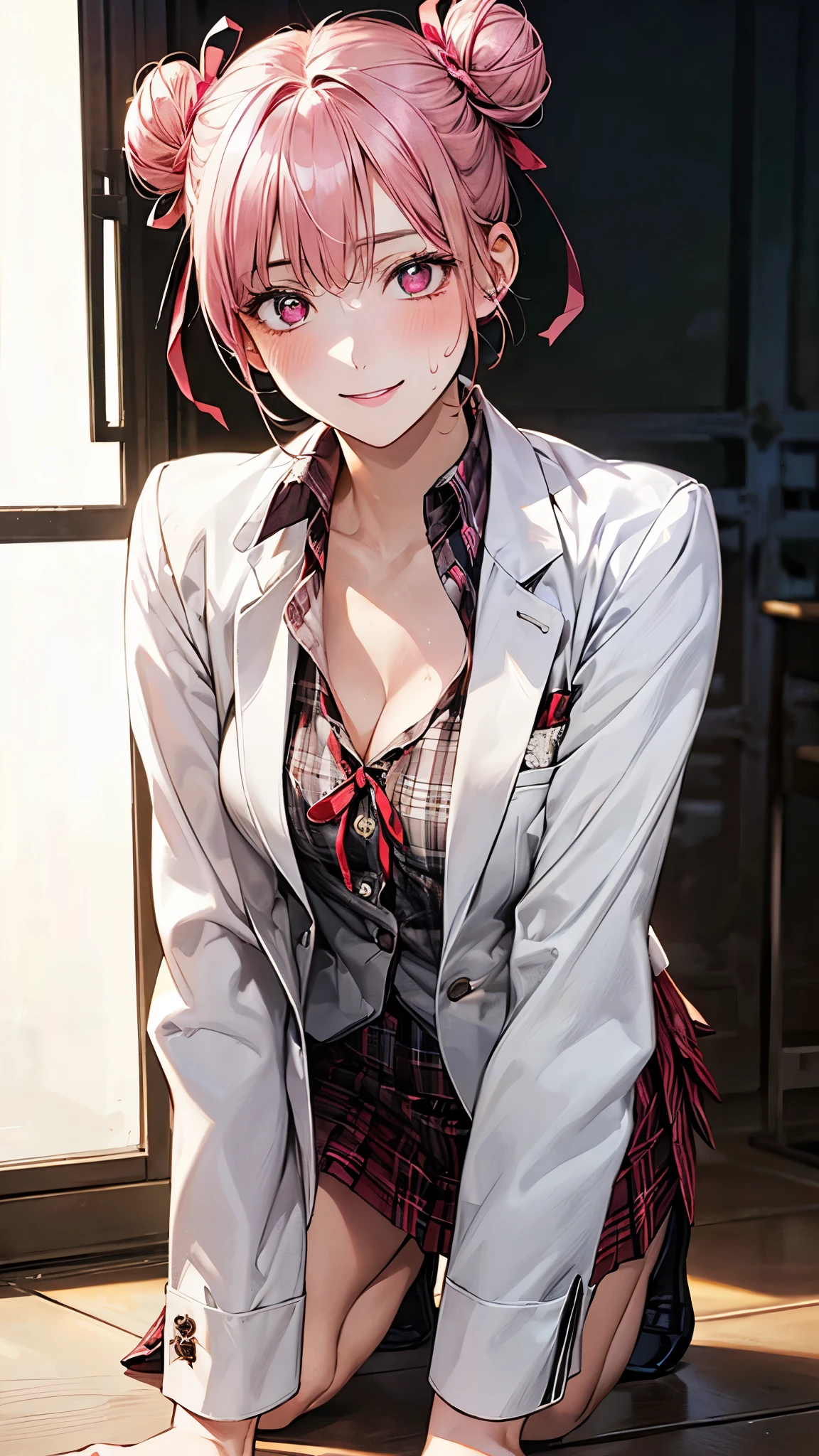 (masterpiece:1.2, top-quality), (realistic, photorealistic:1.4), beautiful illustration, (natural side lighting, movie lighting), depth of fields, 
looking at viewer, 1 girl, japanese, high school girl, perfect face, cute and symmetrical face, shiny skin, 
(short hair:1.3, double bun:1.2, pink hair), crossed bangs, pink eyes, long eye lasher, (medium breasts, medium bobs, medium ass), slender, cleavage, collarbone,
beautiful hair, beautiful face, beautiful detailed eyes, beautiful clavicle, beautiful body, beautiful chest, beautiful thigh, beautiful legs, beautiful fingers, 
((sobu high school uniform, black blazer, white collared shirt, red ribbon plaid skirt, unbuttoned shirt, unbuttoned blazer,)), 
(beautiful scenery), evening, (school Infirmary), getting pounded from behind, on all fours, weating, sweat on, (smiling), 