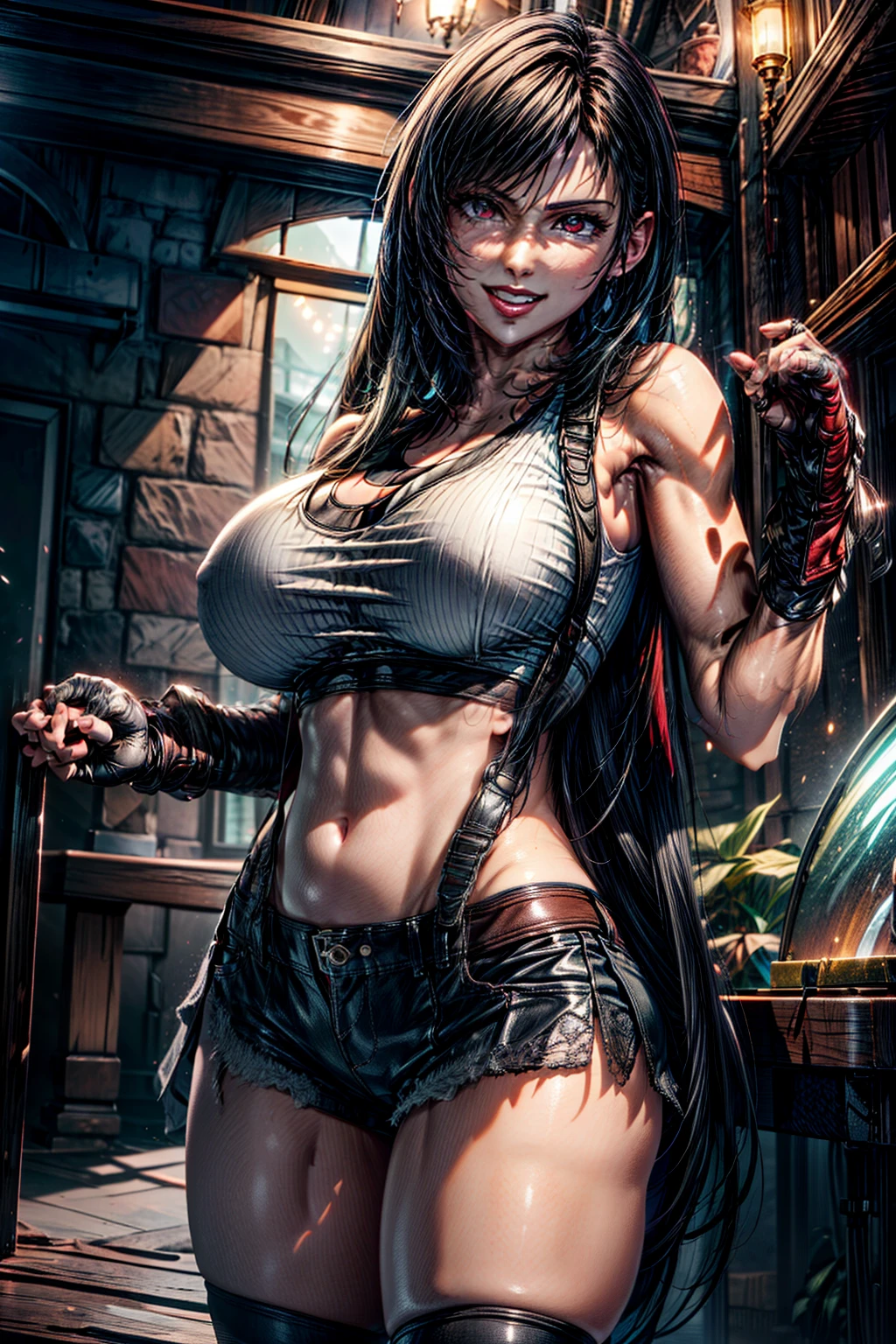 (best quality, masterpiece, ultra high resolution), (8k wallpaper, high-definition, HDR, RAW), (authenticity: 1.4), upper body shot, ((Tifa Lockhart from Final Fantasy)), amazing slim body, female curves, wearing tight tanktop, big breasts, ((white tanktop)), ((denim shorts)), standing, ((grin)), outside a mansion as background