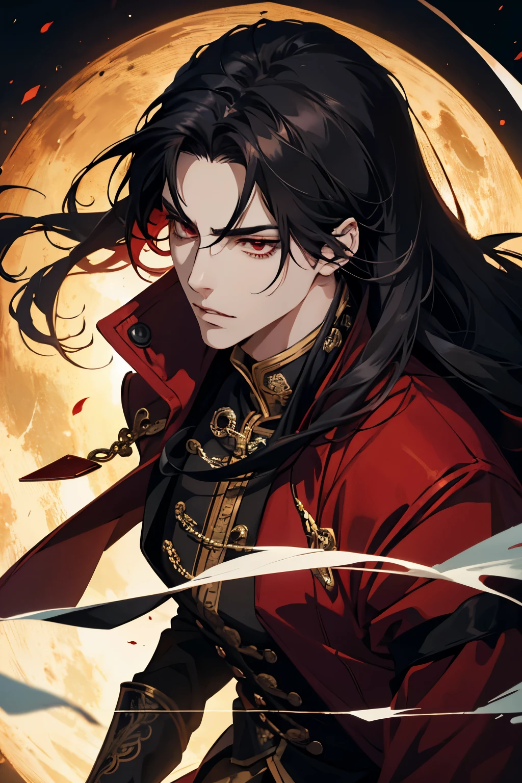 close up of a person in a red coat and black hair, alucard, full body xianxia, beautiful male god of death, vampire fashion, detailed anime character art, male vampire of clan banu haqim, full body black and red longcoat, l vampire, with his long black hair, androgynous vampire, detailed 20 year old male face, ultra realistic anime red eyes no emotions, INTJ, intelligent, holding a scorpion, scorpio