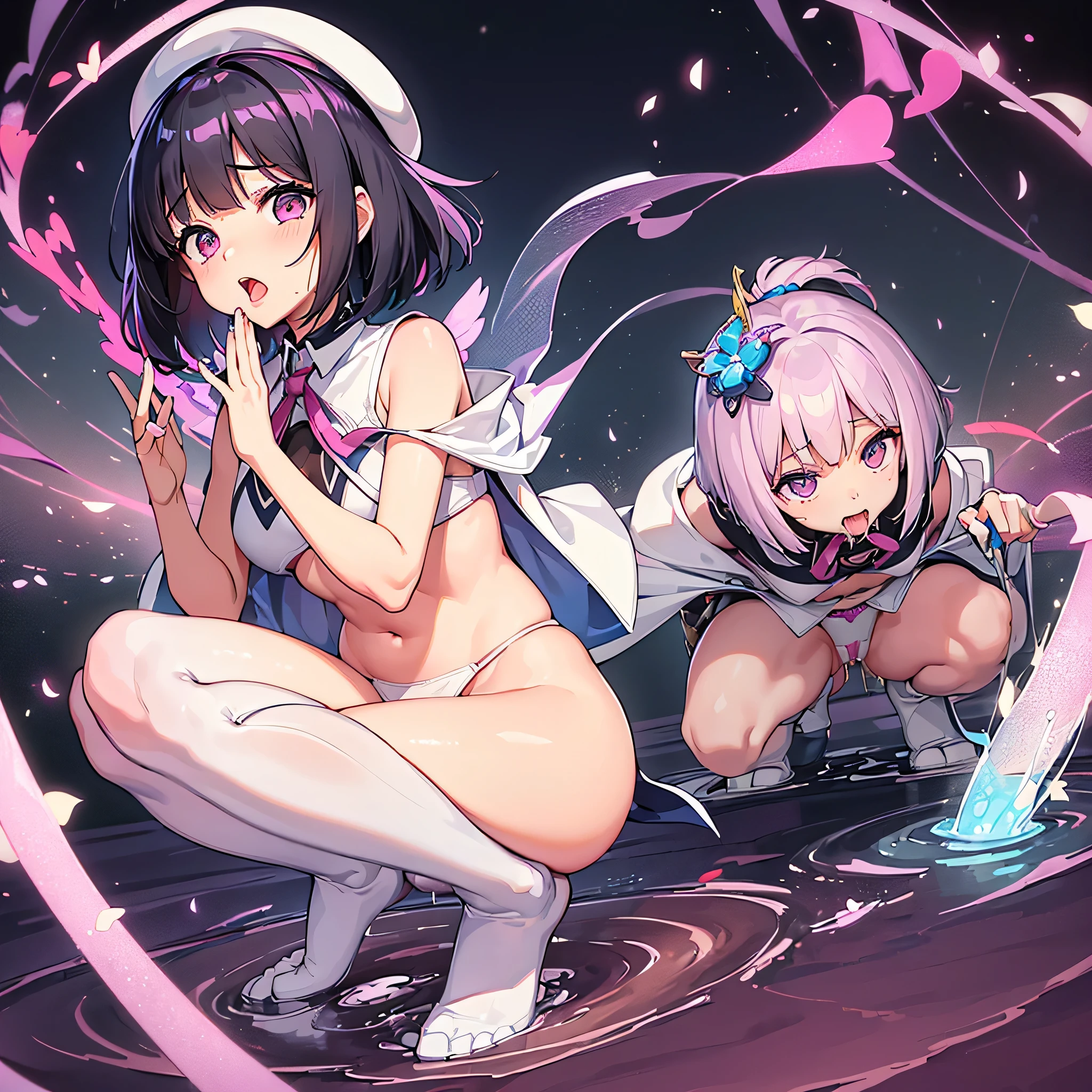 super girl elementary school student, masterpiece, highest quality, abstract, psychedelic, neon, (honeycomb pattern), (creative:1.3), fantasy 00d、 black hair、bob cut with trimmed ends、flat chest、thin crotch、belly button、white cloak with pink pattern、pointed nipples、white panties、(((squat)))、transparent clothes、((Love juice drips from the crotch))、(((Spread it with your hands)))、(((spread your pussy)))、((Open your mouth wide and cum in my mouth))、stick out tongue、surprised eyes、white beret、puddle at your feet、put your hand in your crotch、A lot of pink hearts pop out from the crotch..