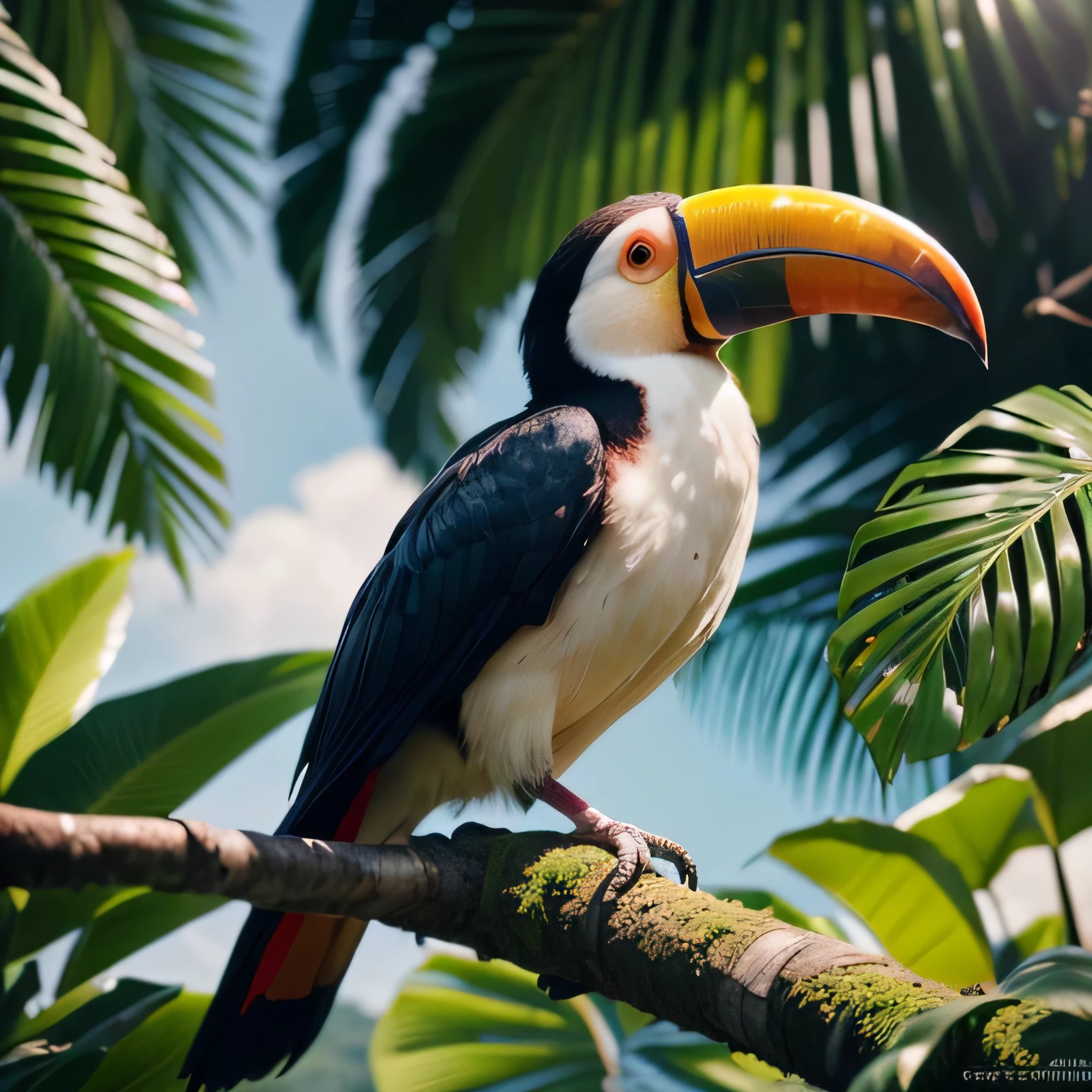 8K, arte, Foto CRU, melhor qualidade, fotorrealista, extremely detailed 8k unified CG wallpapers, profundidade de campo, cinematic light, Reflexo de lente, rastreamento de raios, A toucan bird, sentado em um galho, Perfect feet, bico perfeito . In the background flowering trees.